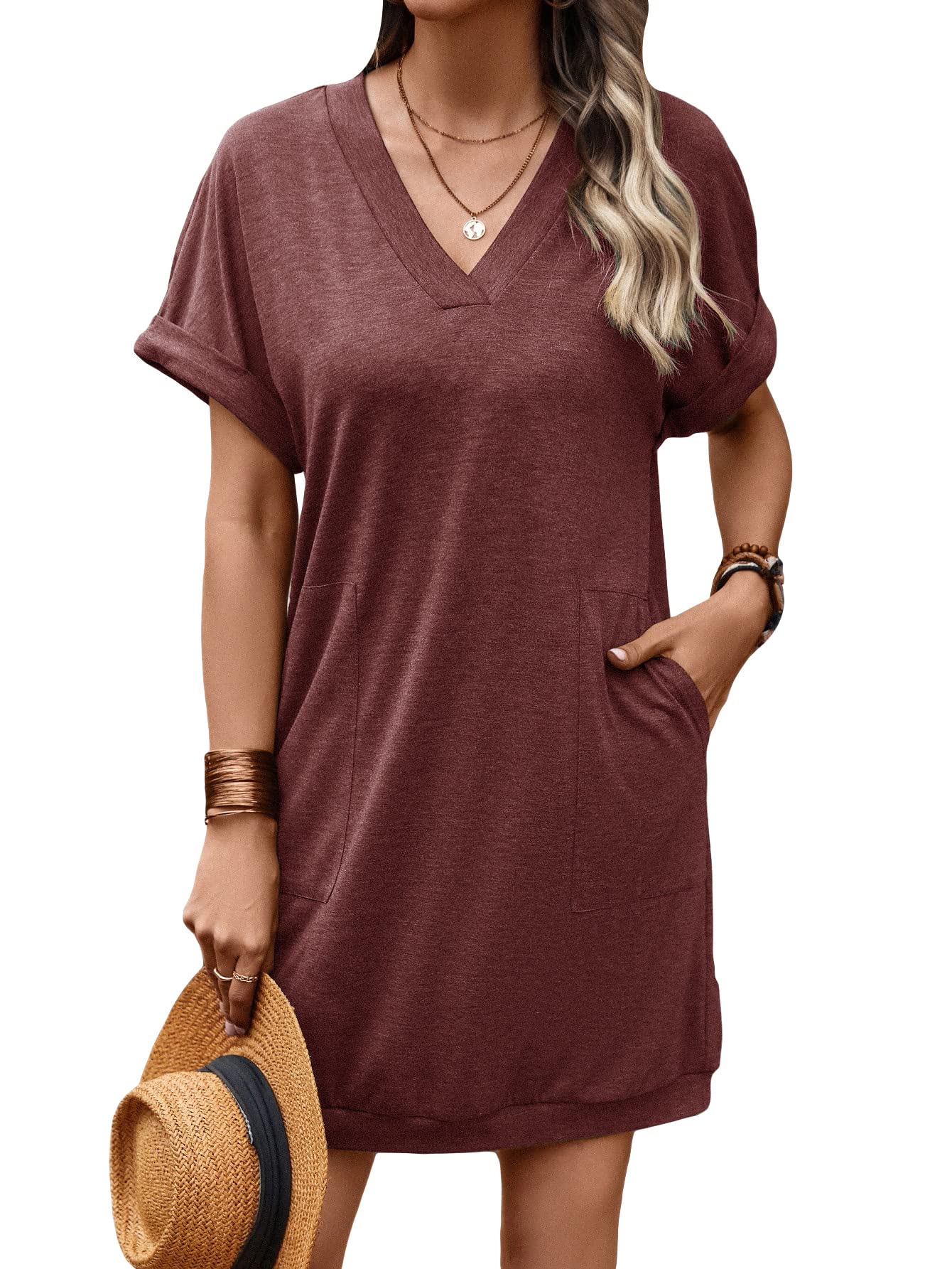 SOLY HUXT-Shirt Dress for Women V Neck Short Sleeve Basic Tunic Top T Shirt Dresses Casual Dress with Pockets