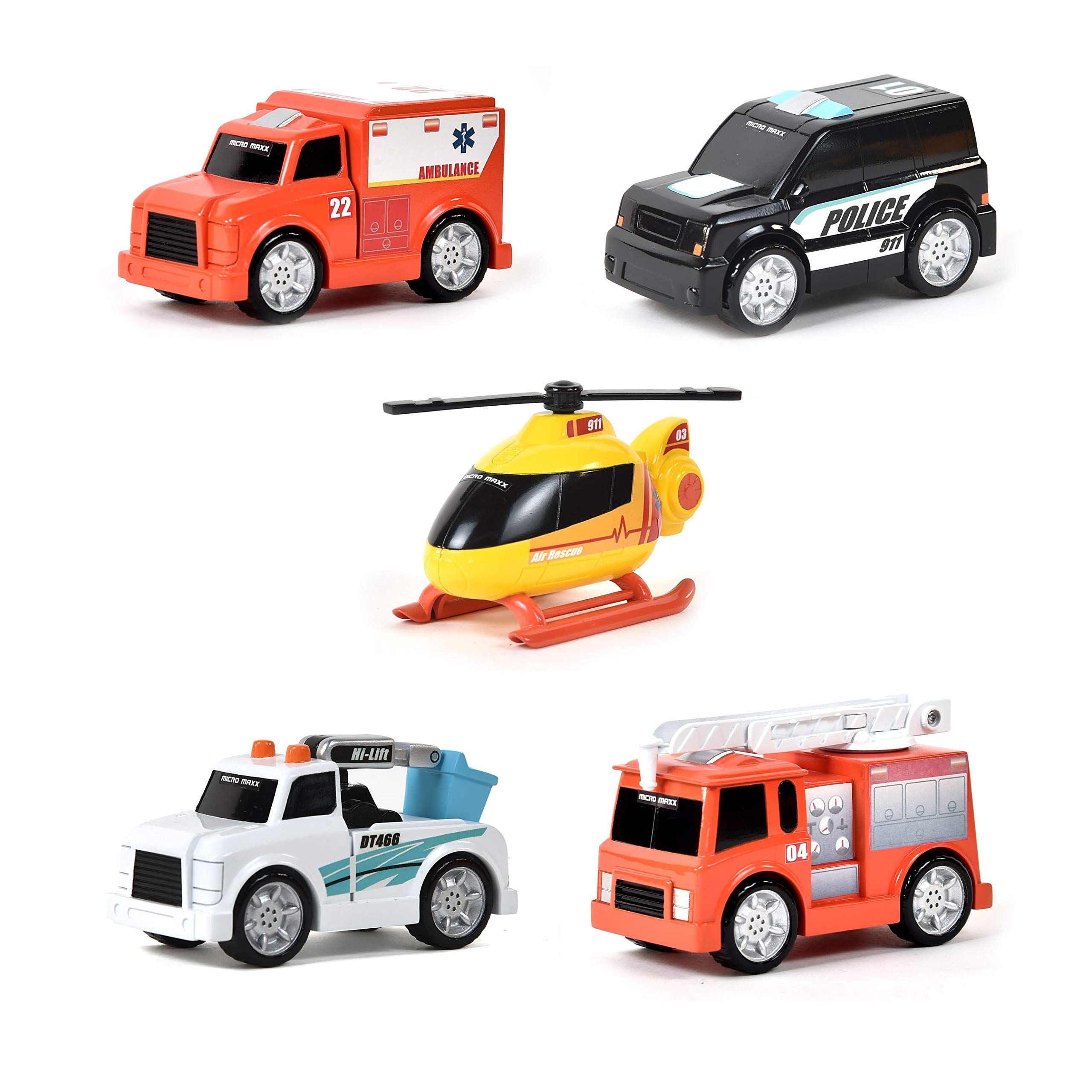 Sunny Days Entertainment Maxx Action Micro Maxx Rescue Vehicles 5 Pack Assortment: Fire Truck, Ambulance, Police SUV, Helicopter, Tow Truck, Multi