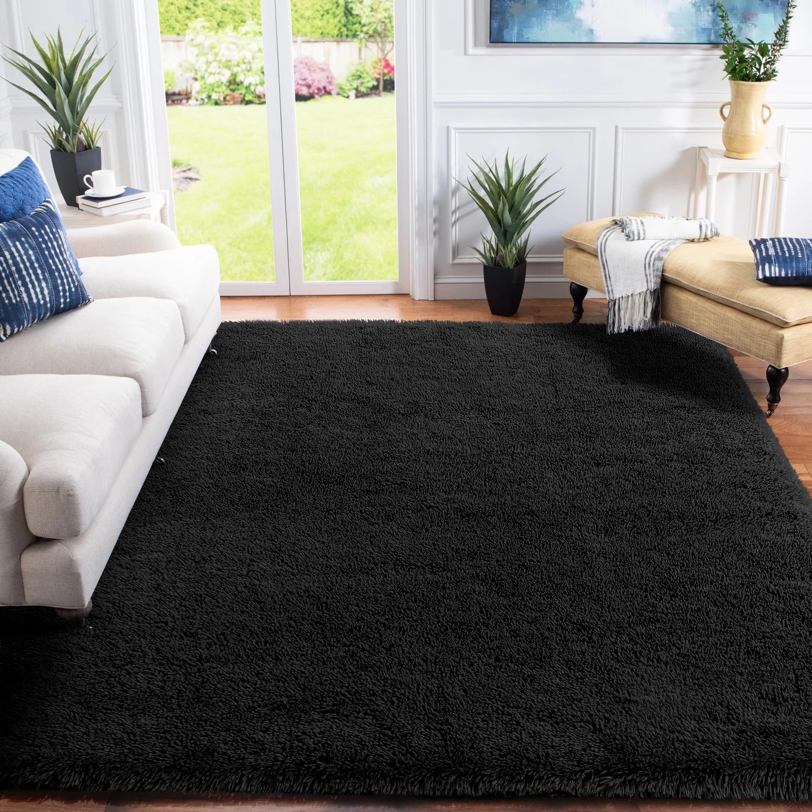 XSIVOD Black Rugs for Living Room, Ultra Soft Bedroom Rugs Living Room Rug Floor Carpet, Luxury Fluffy Shag Lounge Rug Modern Large Rugs Ideal for Bedroom, Nursery, Kids Baby Room, 140x200cm