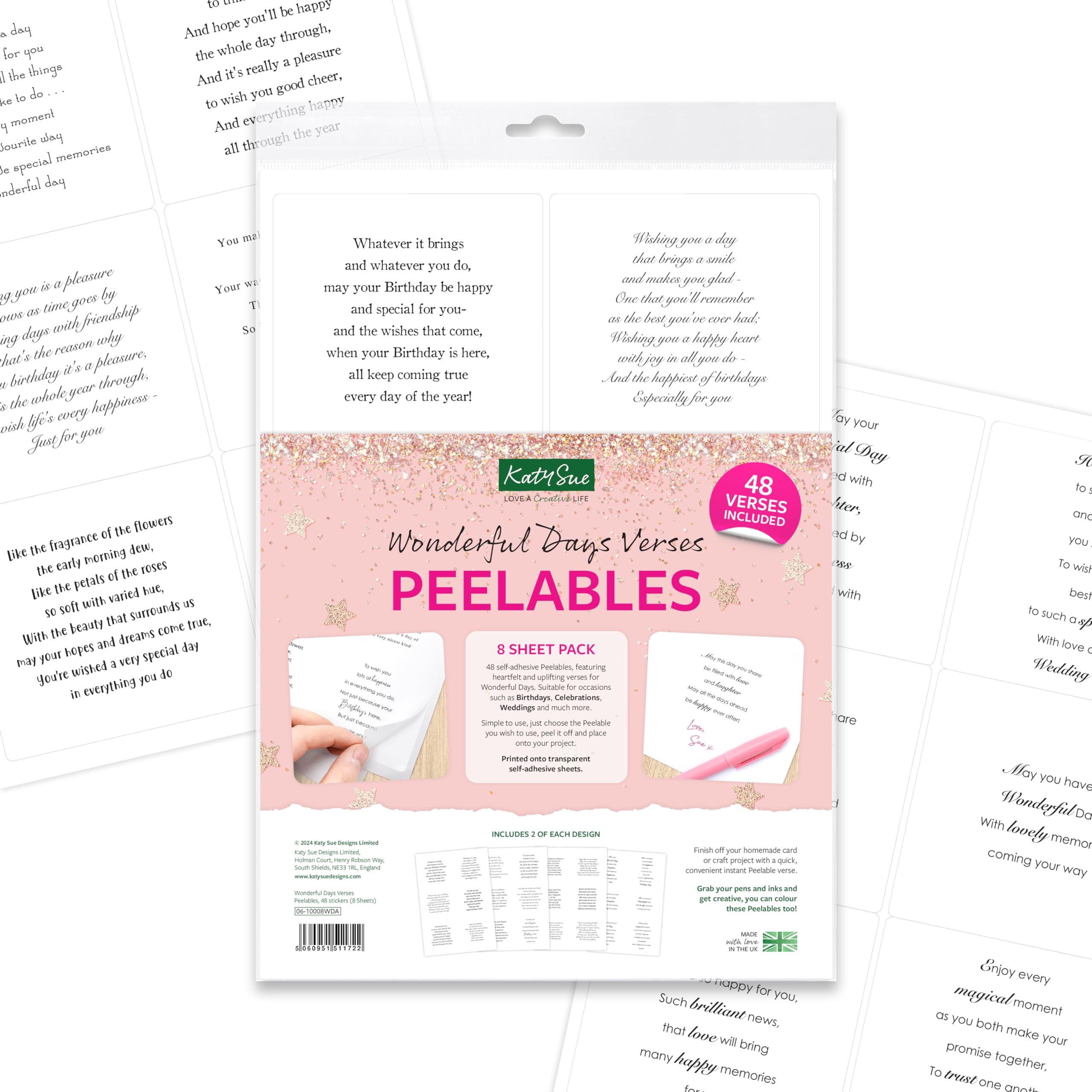 Katy Sue Wonderful Days Peelables. 48 Peelable Stickers of Verses & Sentiments for All Occasions for Card Making Supplies on 8 Transparent Adhesive Sheets from Katy Sue Designs Card Making