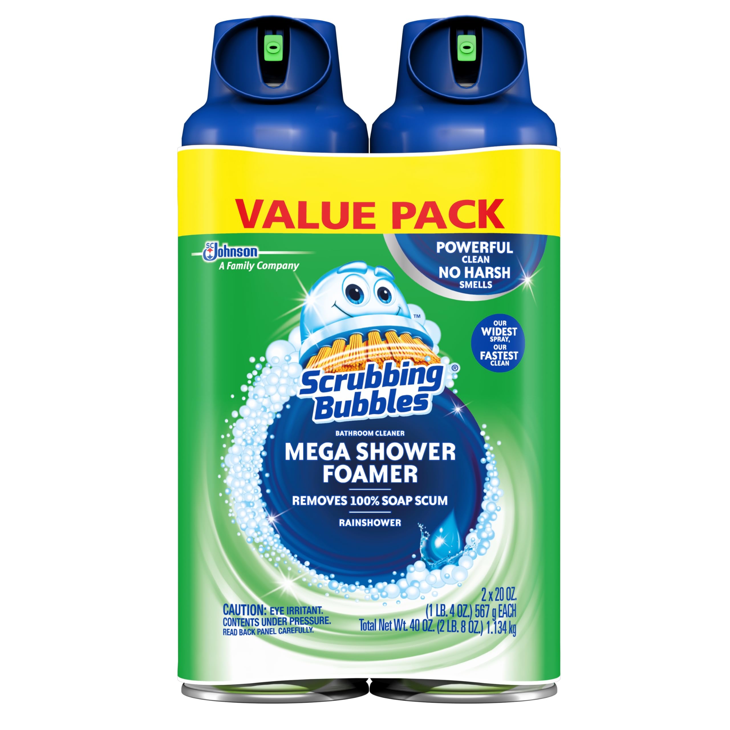 Scrubbing Bubbles Mega Shower Foamer Aerosol, Tough Foaming Bathroom, Tile, Bathtub and Disinfectant Shower Cleaner (1 Aerosol Spray), Rainshower Scent, 20 oz (Pack of 2)