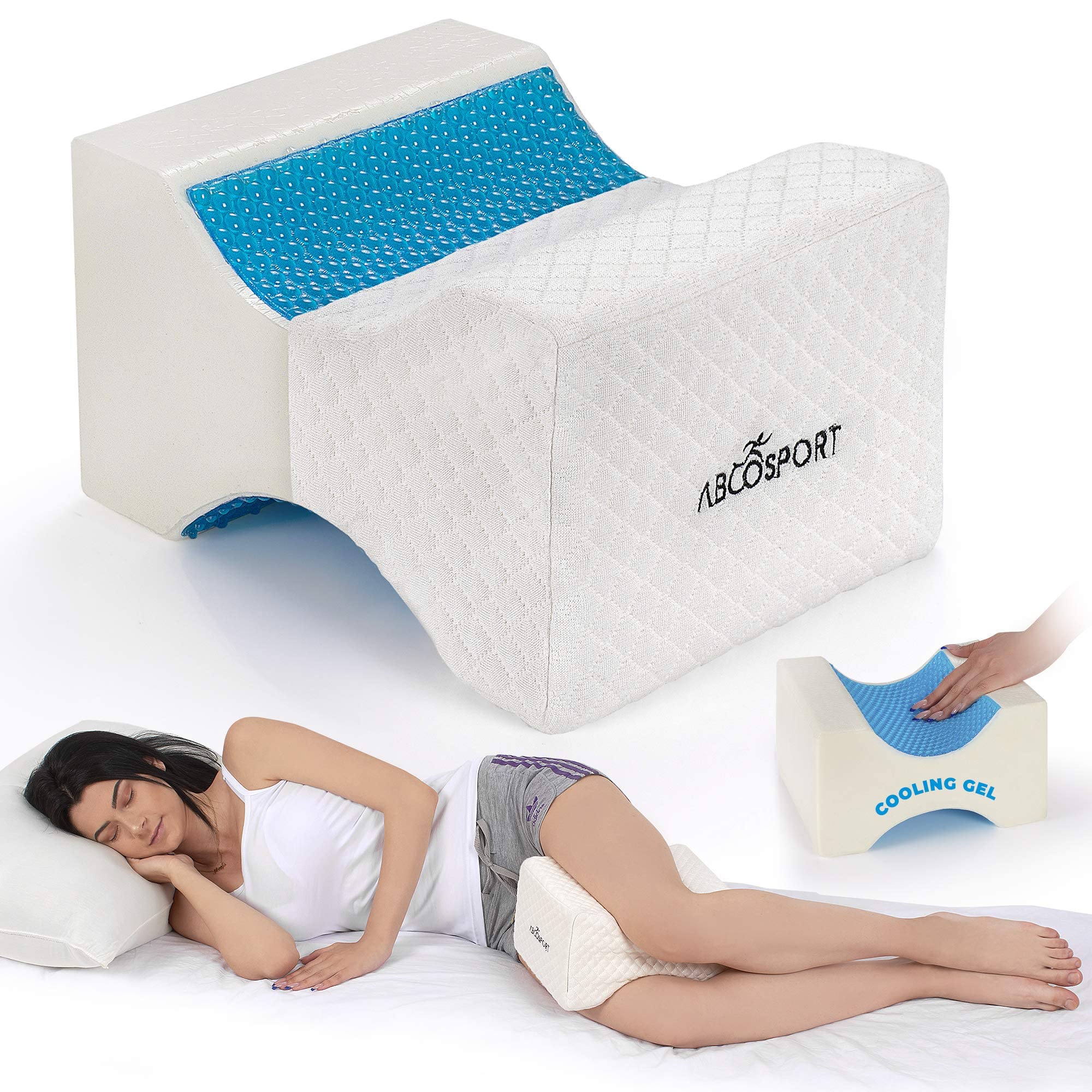 Abco TechMemory Foam Knee Pillow with Cooling Gel - Knee Wedge Pillow, Leg Pillow for Side Sleepers, Pregnancy, Spine Alignment, Pain Relief - Pillow for Between Knees While Sleeping + Washable Cover