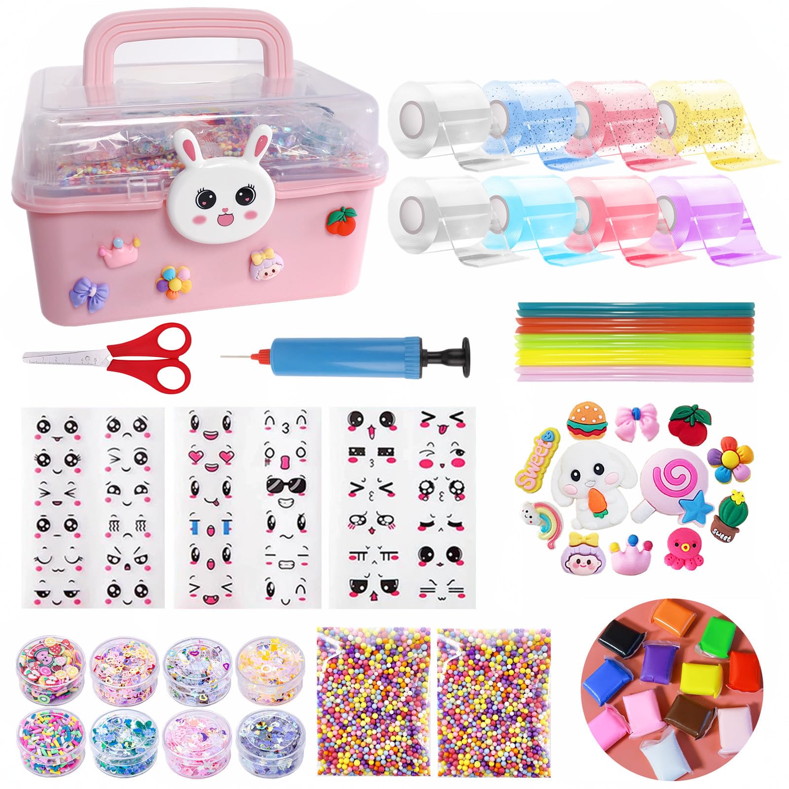 8 Pcs Colorful Nano Tape Bubble Kit for Kids with Glitter,Clay,Cute Stickers and Accessories Tools,Nano Double Sided Adhesive Gel Grip Traceless Tape