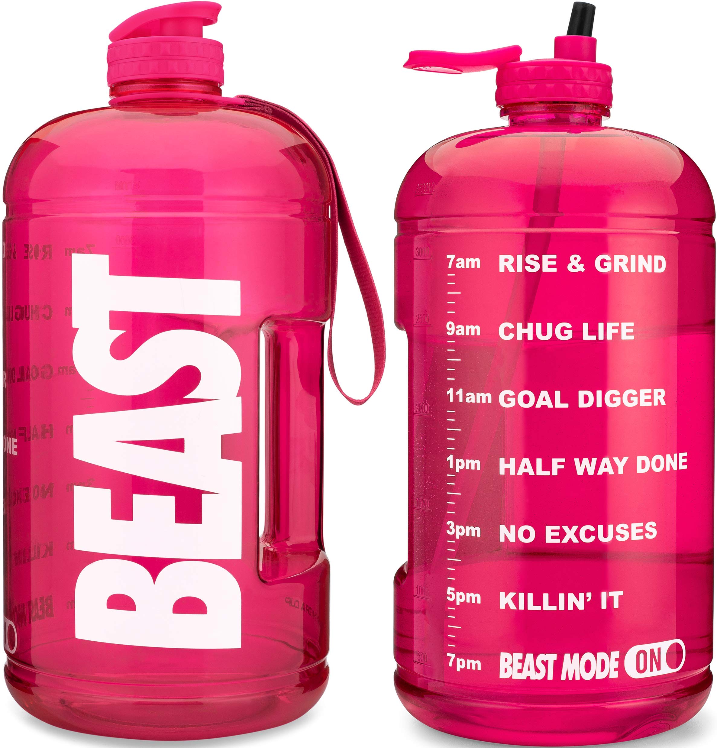 Hydra CupJug 64 oz Half Gallon Water Bottle, Motivational Water Bottle with Straw & Time Markers, Water Jug with Spout & Carry Loop for Travel To Go, BPA Free (Pink)