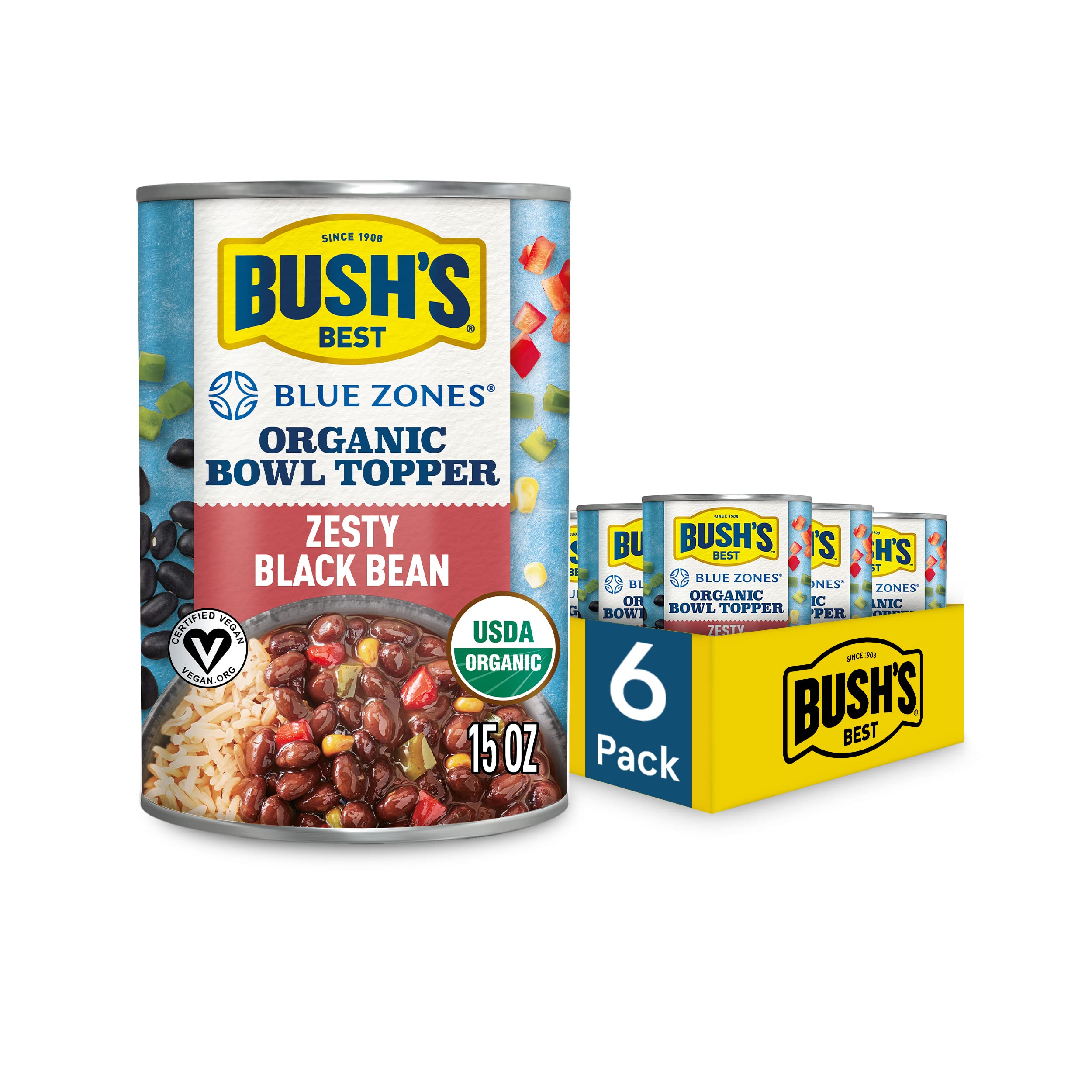 BUSH'S BEST 15 oz Blue Zones Zesty Black Bean Topper, Source of Plant Based Protein and Fiber, Low Fat, Gluten Free, (Pack of 6)