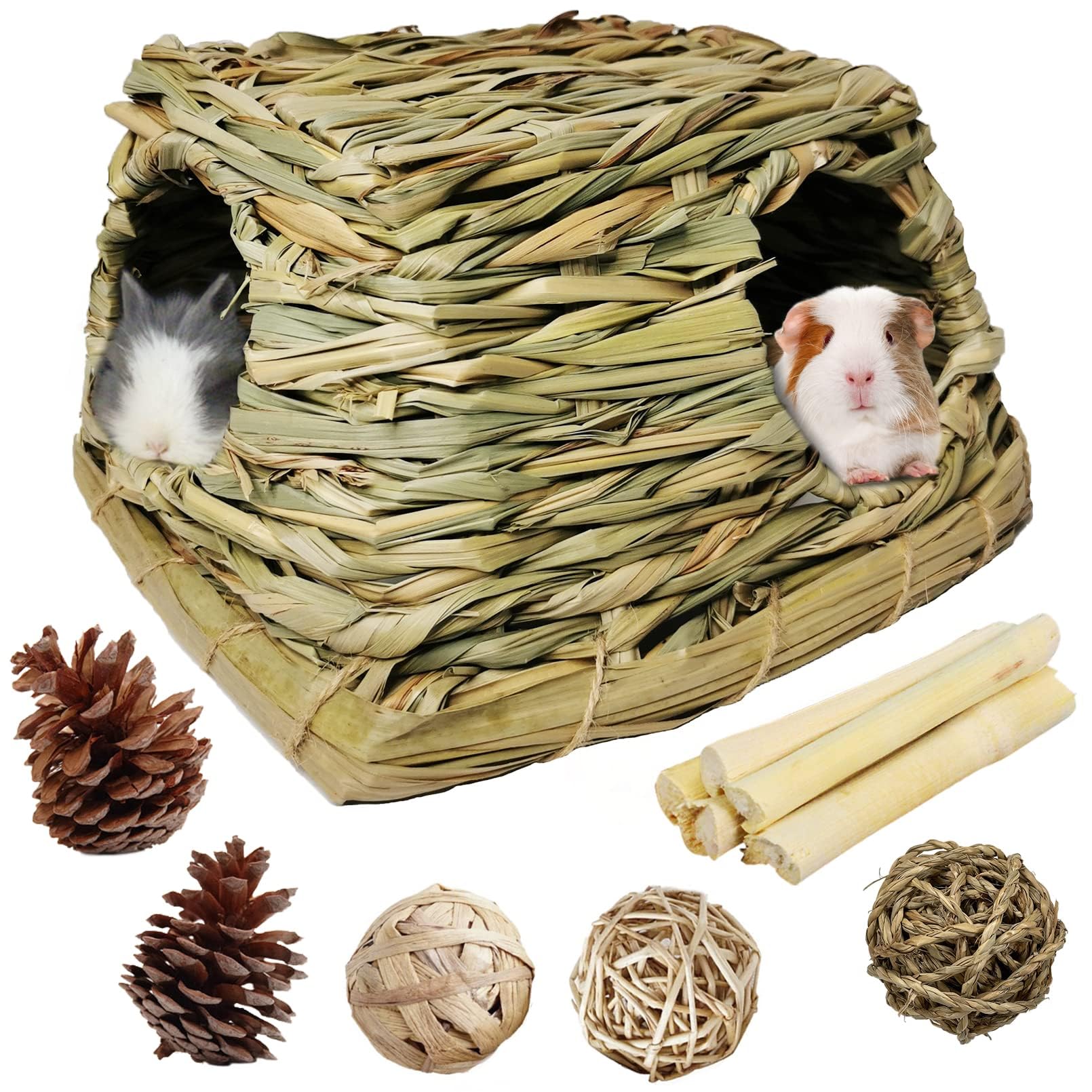 PINVNBY Guinea Pig Grass House with Chew Toys Little Rabbit Natural Hideout Small Pet Grass Hut with Play Toys for Bunny Hamster Rat Chinchilla Hedgehog Squirrel Gerbil