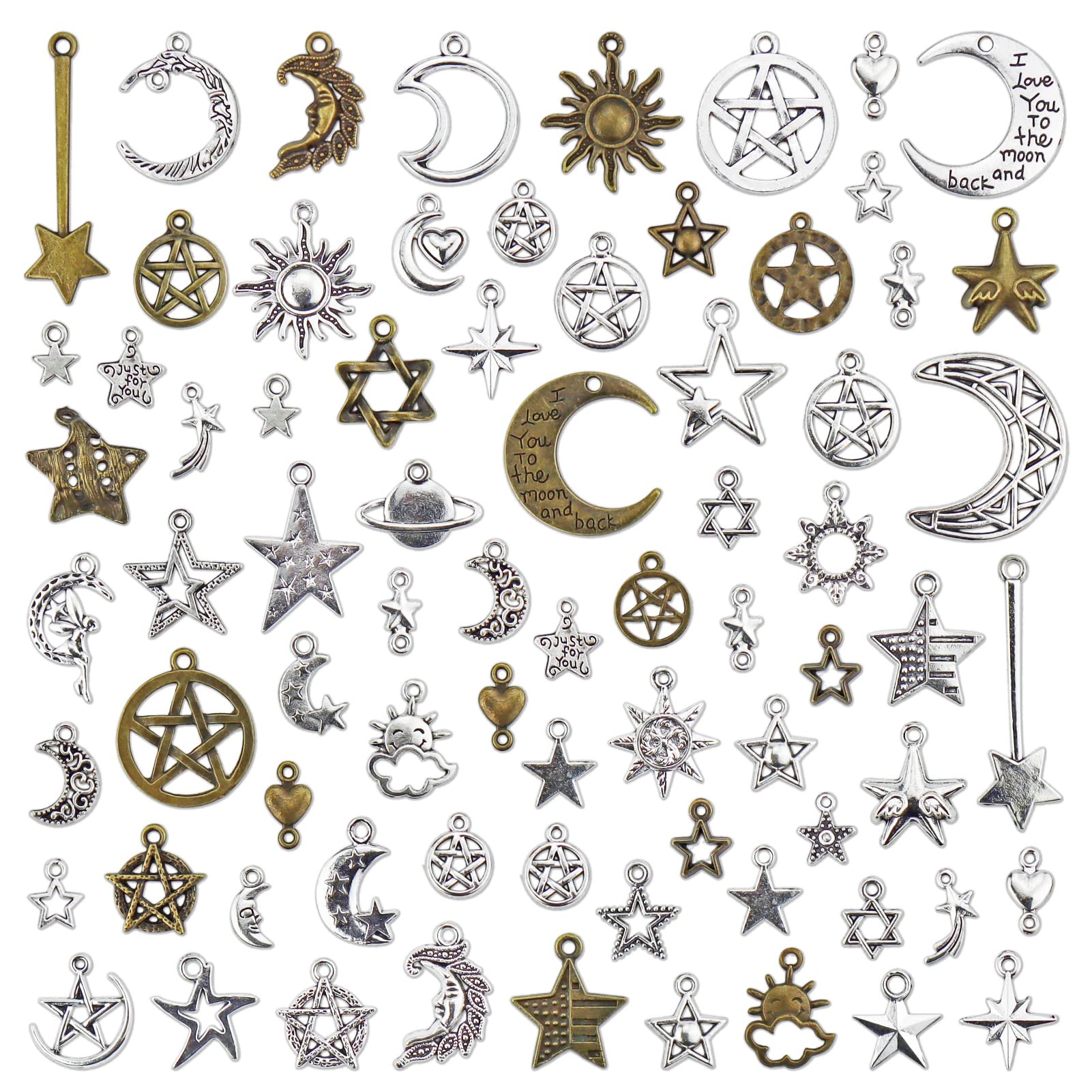 JIALEEY Celestial Mixed Sun Moon Star Charms, Wholesale Bulk Lots Antique Alloy Charms Pendants DIY for Necklace Bracelet Jewelry Making and Crafting, 100g(74PCS)