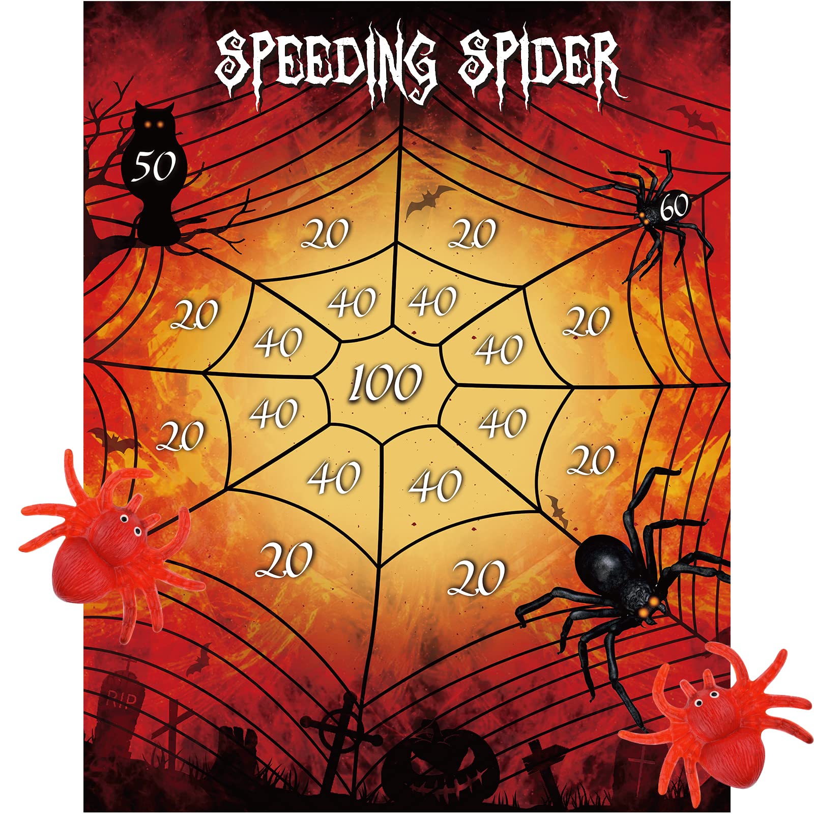 ASTARON Halloween Party Supplies Throw The Spider On The Web Halloween Party Games with 2 Sticky Spiders Larger Halloween Poster Kids Birthday Party Games