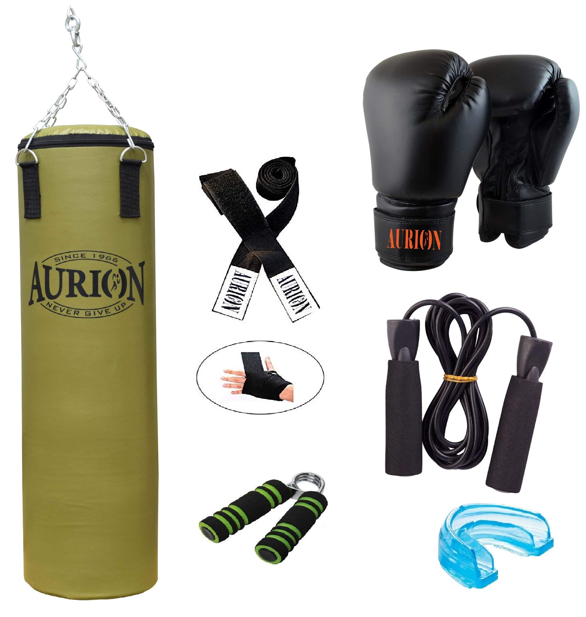 Aurion by 10 Club 4 Feet Unfilled PU Leather Punching Bag Combo | Boxing Bag with All Boxing Accessories & Hanging Chain | Boxing | MMA | Kickboxing | Taekwondo - Olive Green 4 Feet/48 Inches