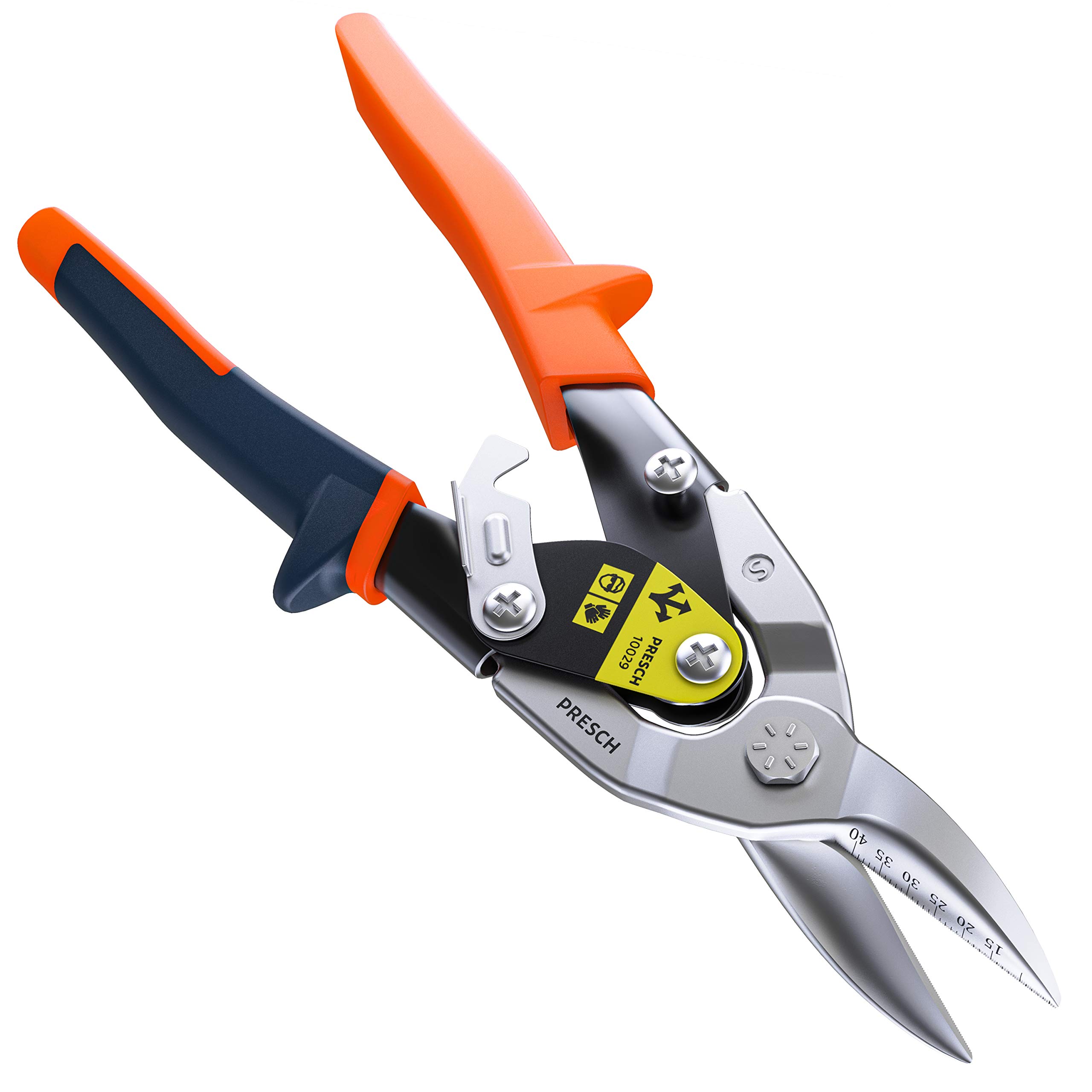 Presch Tin Snips Straight Cut - Heavy Duty Aviation Snips - Drywall Construction Tool for CW and UW Mouldings, Metal Cutting, etc. - Tin Cutter with Lever Transmission