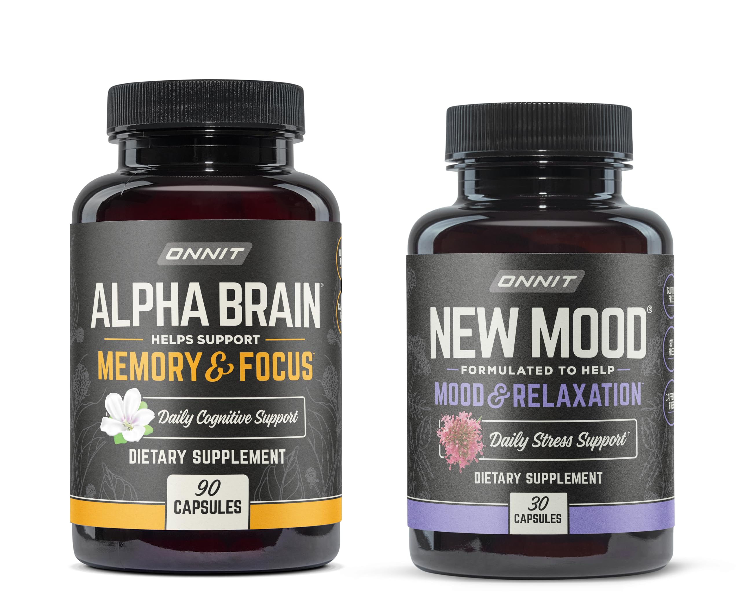 ONNIT Premium Alpha Brain Bundle - Nootropic Brain Supplement (90 Count) for Focus, Concentration & Memory + New Mood Supplement for Stress Relief, Sleep and Mood (30 Count)