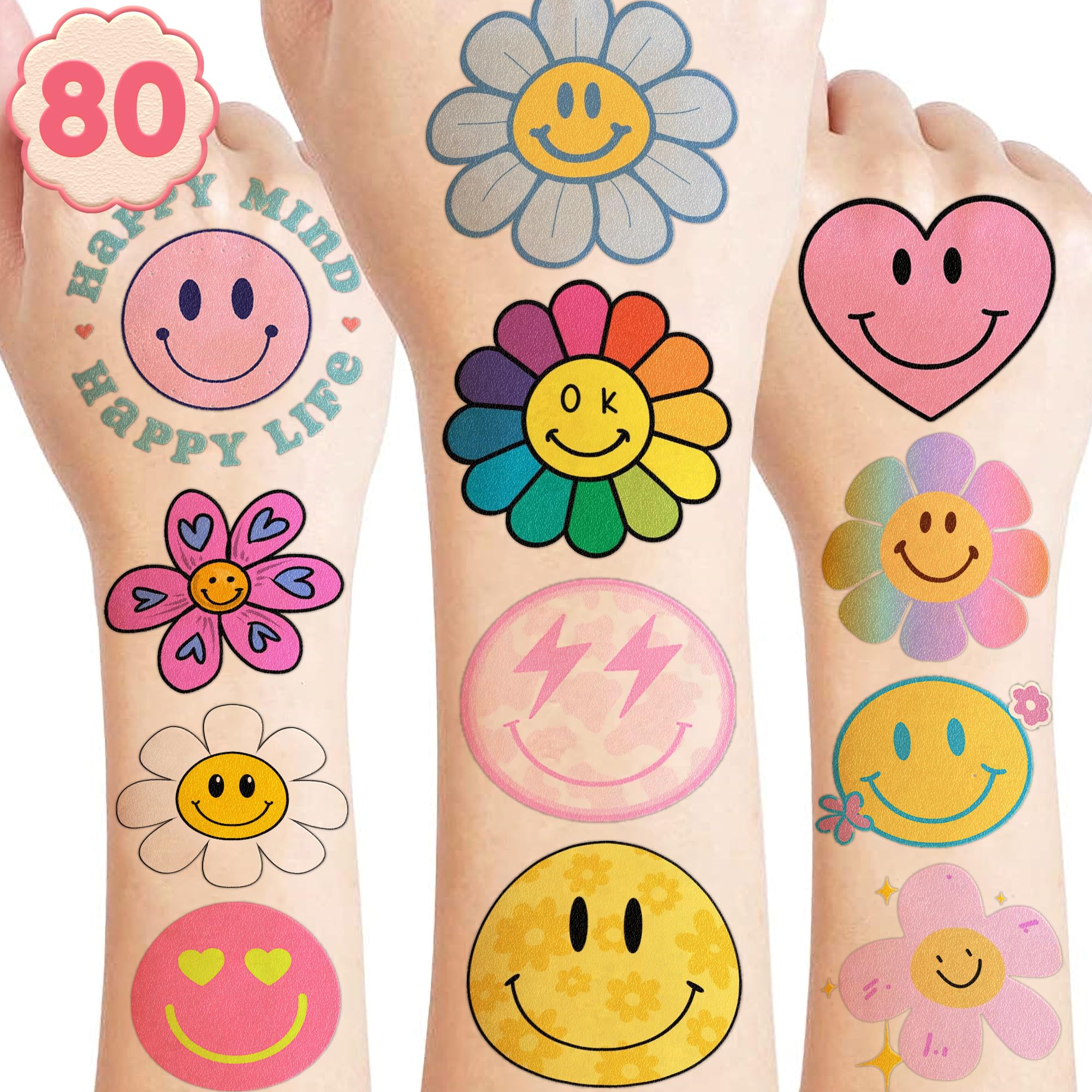 Smiley Temporary Tattoos Stickers for Kids, Birthday Party Decorations Favors Supplies 80Pcs Super Cute Tattoos Funny Face Happy Arts Gifts Girls Boys Baby Shower Rewards Prizes