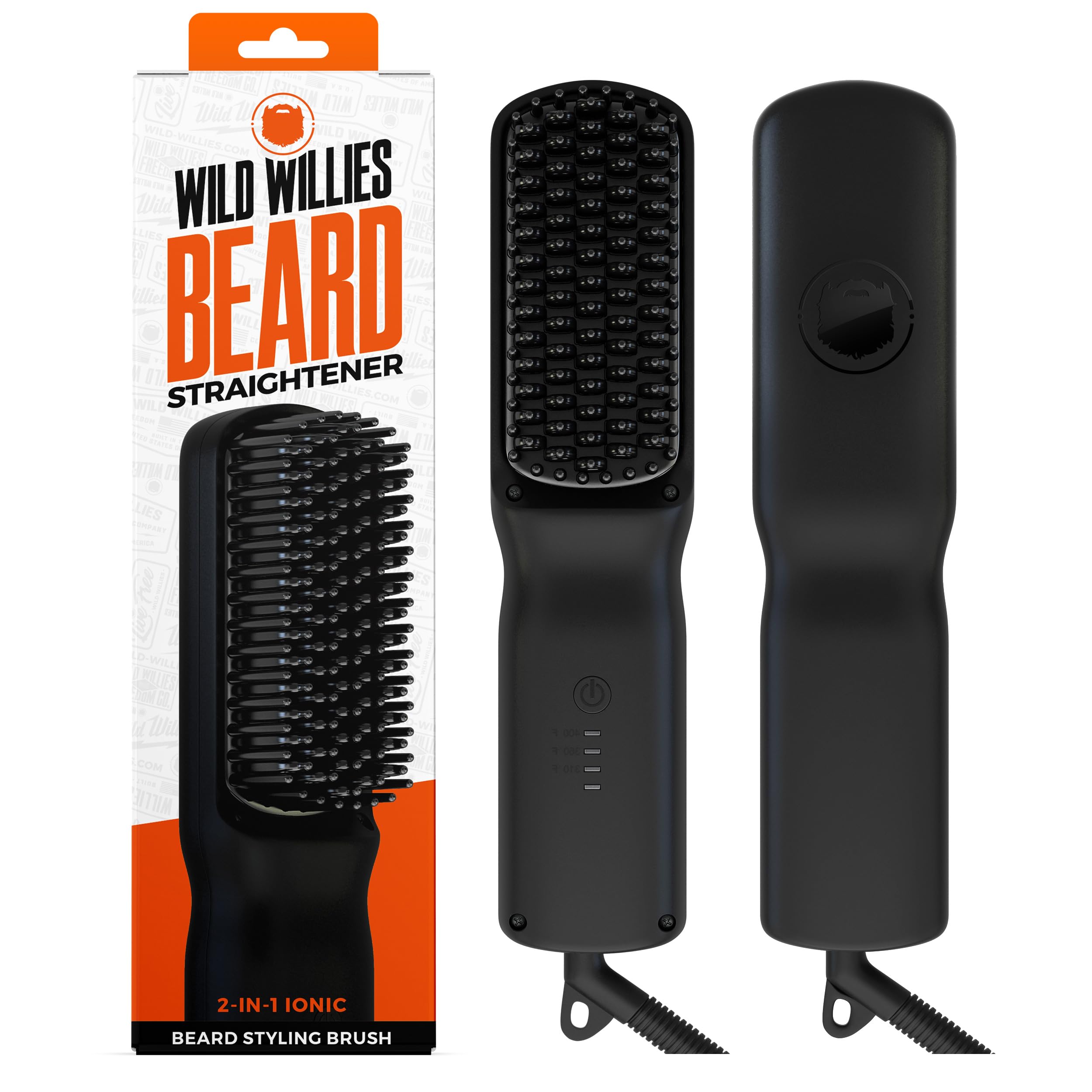 Wild Willies Beard Straightener for Men - 3 Temperature Settings, Tourmaline Ceramic Heated Beard Brush & Hot Comb - Portable, Ionic Technology, Coarse & Curly Hair, 400F - Grooming Tool