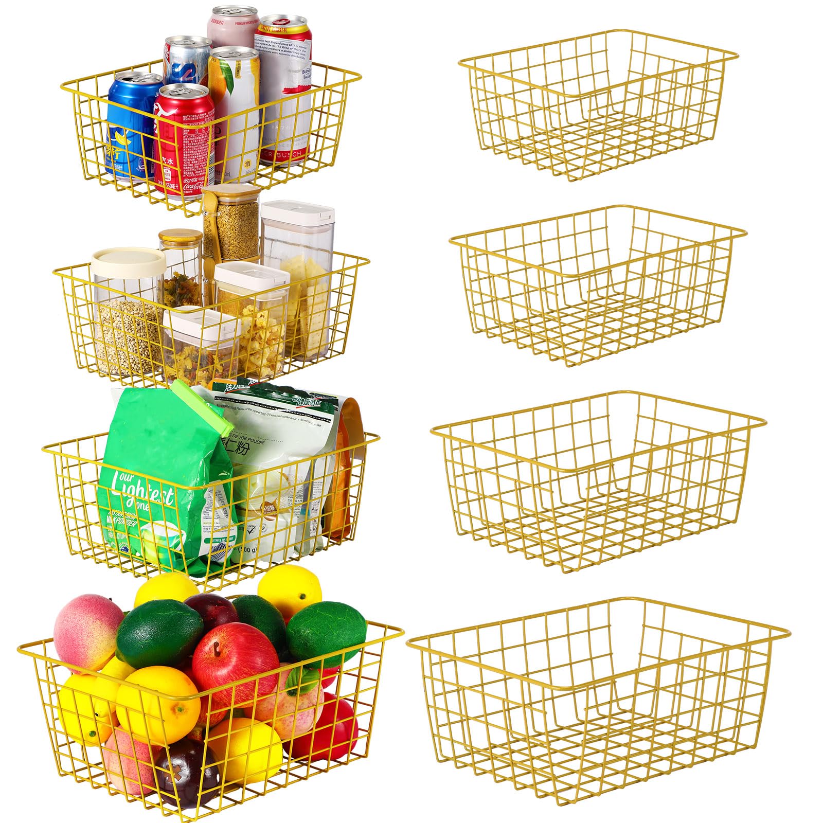 Leinuosen 8 Pcs Gold Wire Basket Set Metal Gold Storage Baskets for Pantry Wire Storage Bins with Handles Assorted Sizes Organizing Basket for Kitchen Living Room Bathroom Laundry Table Countertop