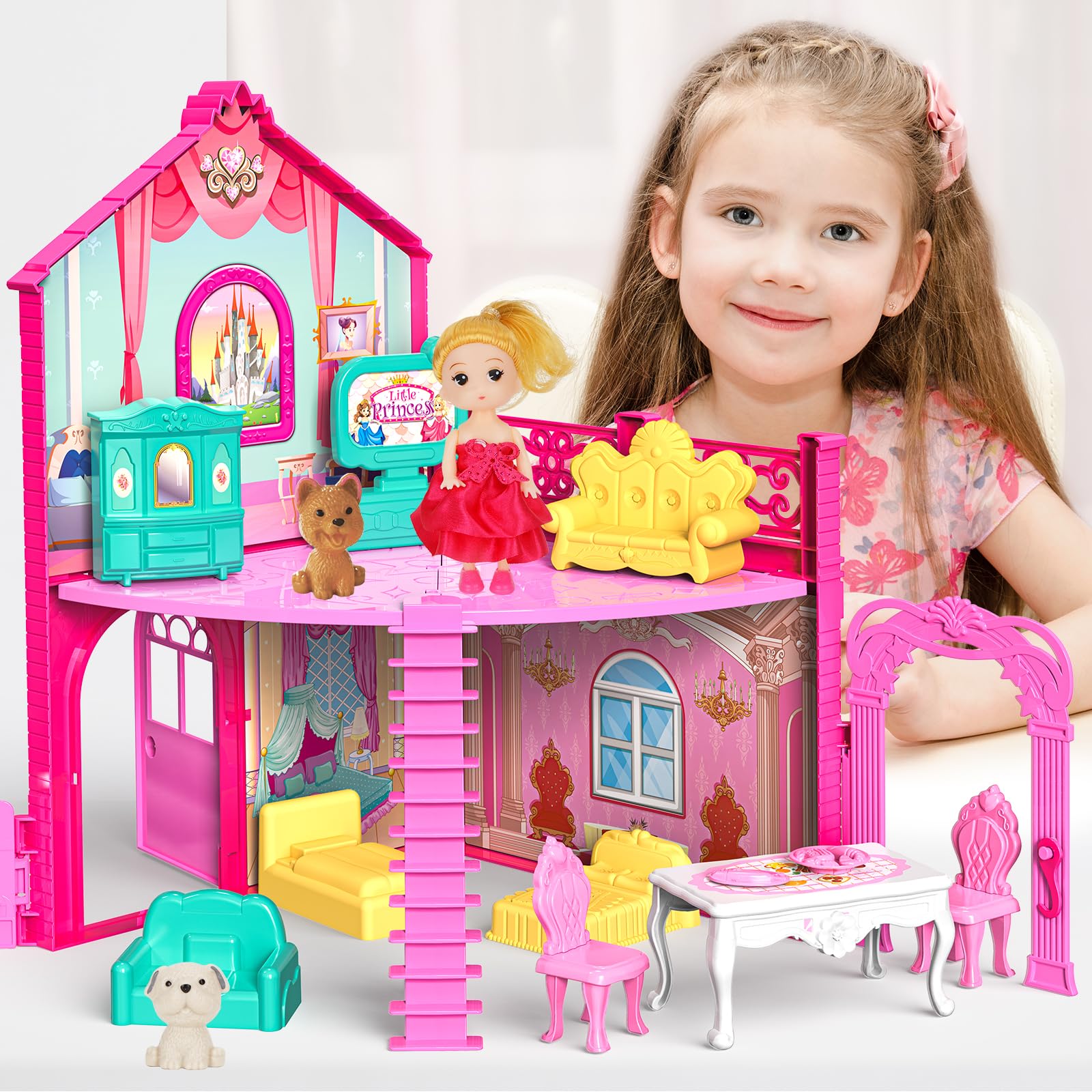 Dollhouse Dream Girls Doll House Portable & Foldable Kids Dollhouse Toys with 2 Stories, 2 Rooms,1 Dolls Figures, 2 Pets, Furniture and Accessores, Birthday Gifts Toy for Toddler Girl Ages 3 4 5 6