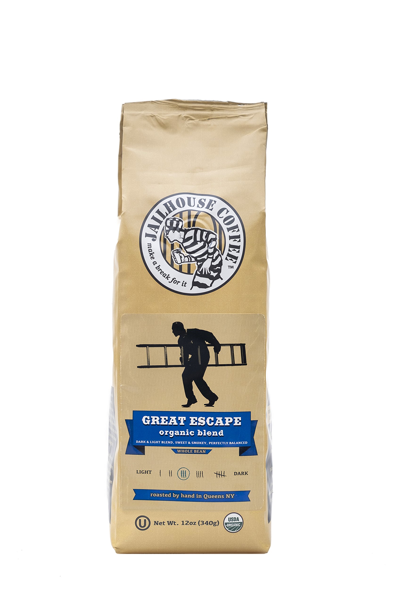 Jailhouse Coffee - Great Escape Blend, Premium Medium Roast, Whole Bean (12 oz.) - Dreamy Mix of Light and Dark Roast Beans - Organic, Non-GMO, Kosher - Percolator, Drip, French-press, or Cold Brew (Whole Bean)