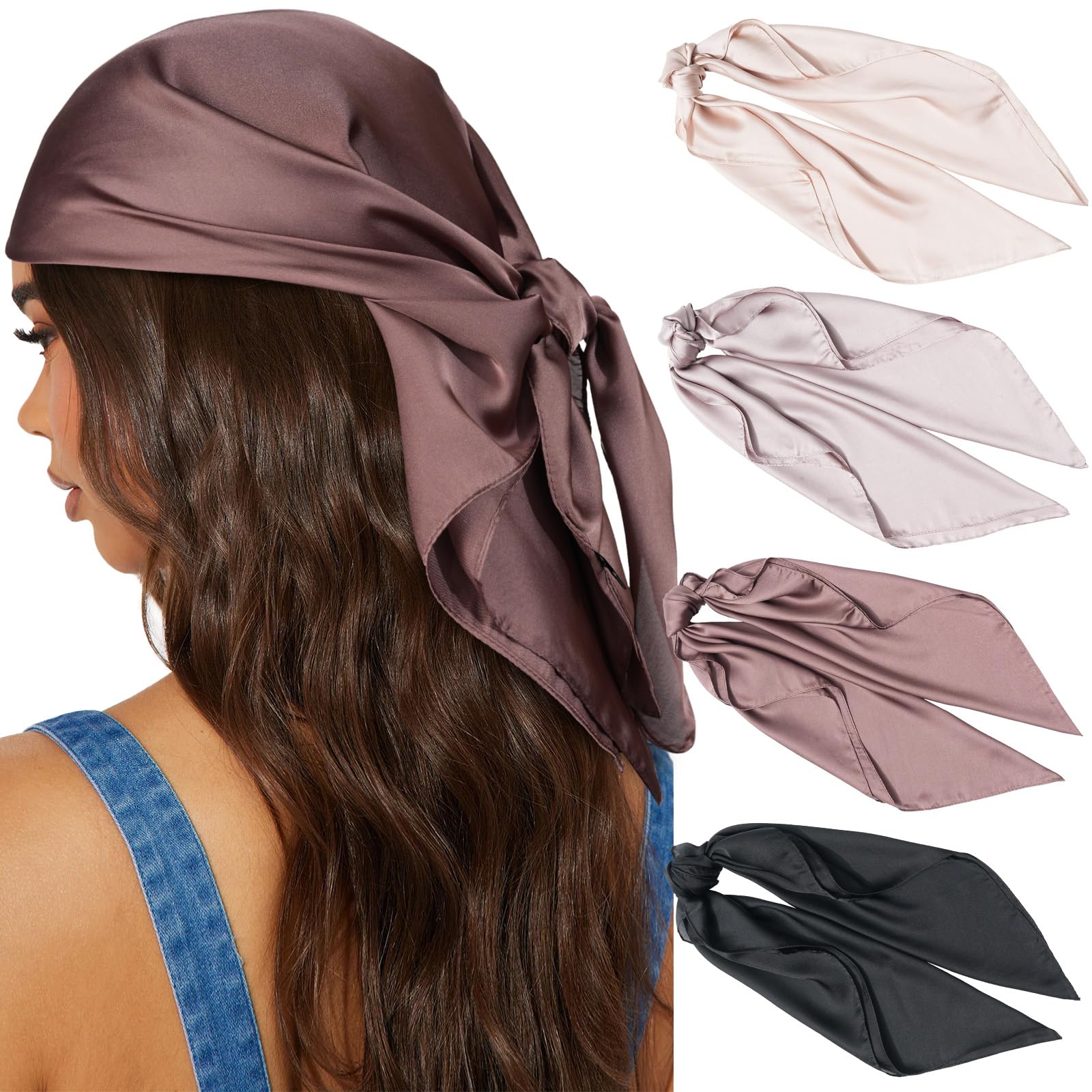 AWAYTR27.5” Silk Satin Square Head Scarf - 4PCS Satin Head Scarves for Women Hair Kerchief Bandanas Sleeping Head Wraps