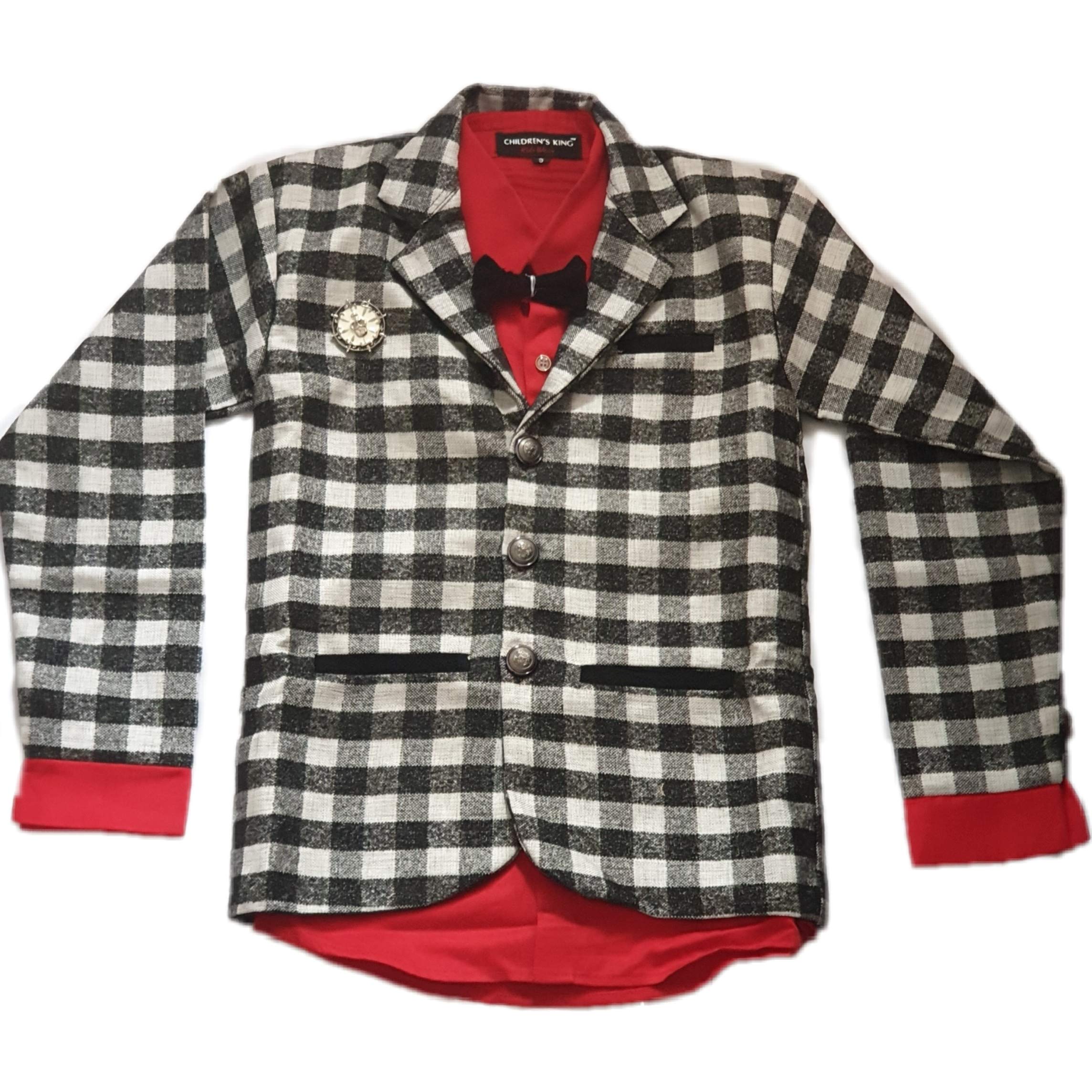 Mr. & Ms. Junior Kids White Checked Coat, Red Shirt and Corduroy Pants