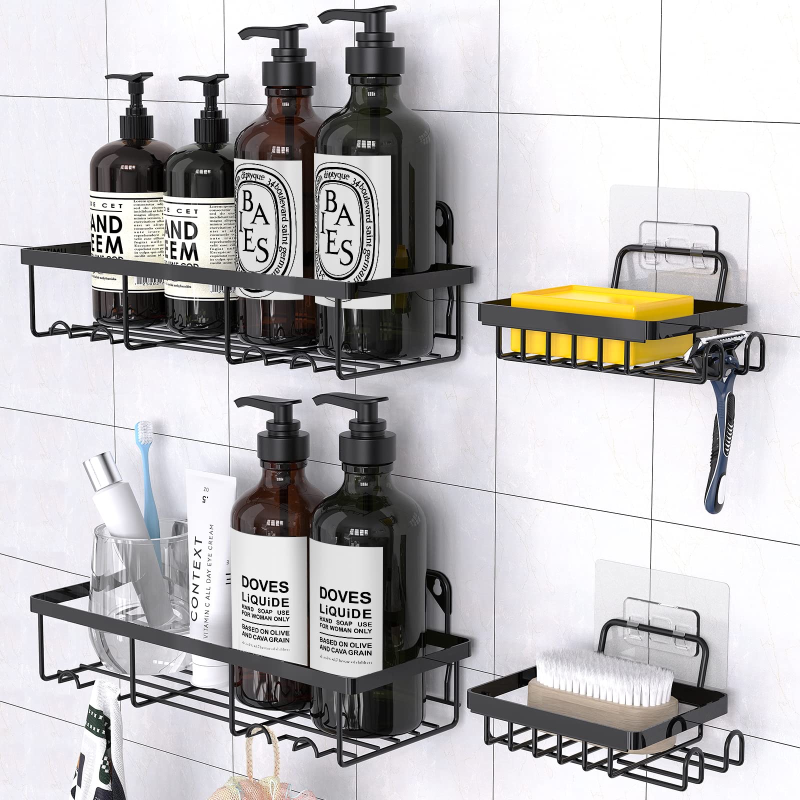 4 Pack Shower Caddy Shelf Organizer with Soap Holder, Stainless Steel Bathroom Shelves Basket with Adhesives/Screws, Hooks, Storage Rack for Kitchen Black