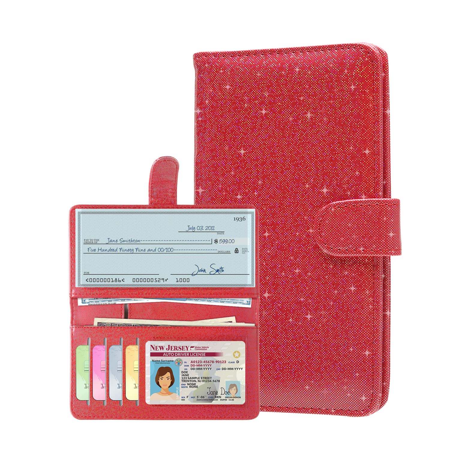 Checkbook Cover(2021Edition)- Leather Standard Register Checkbook Case With Magnetic Closure- MCmolis Check Book Cover Holder Wallet for Women-Sparkly Red