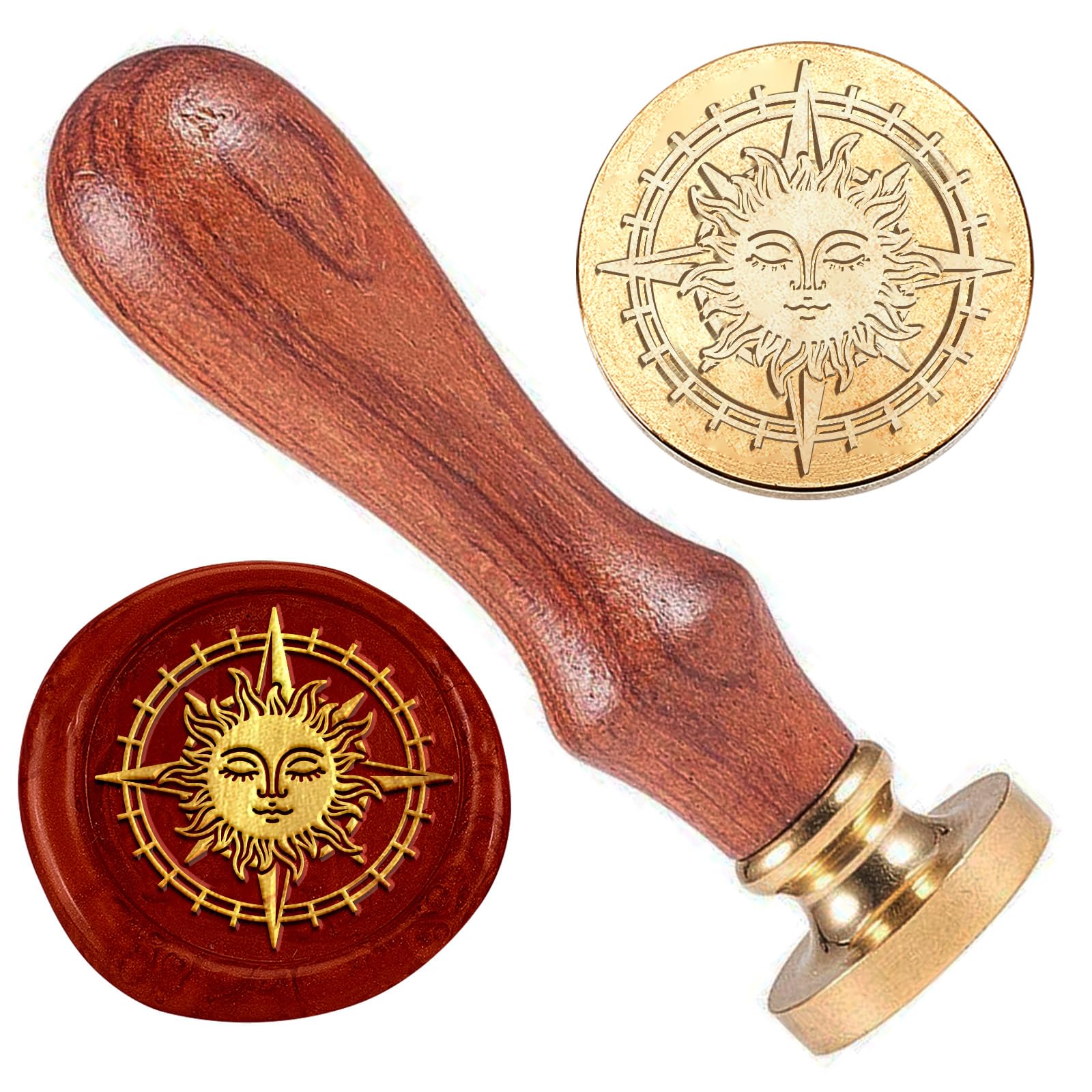 Sun Wax Sealing Stamp, 1" Brass Wax Seal Stamp Head with Wooden Handle Vintage Compass Wax Stamp for Invitation Cards Gift Wrapping Envelopes Wine Package Decoration