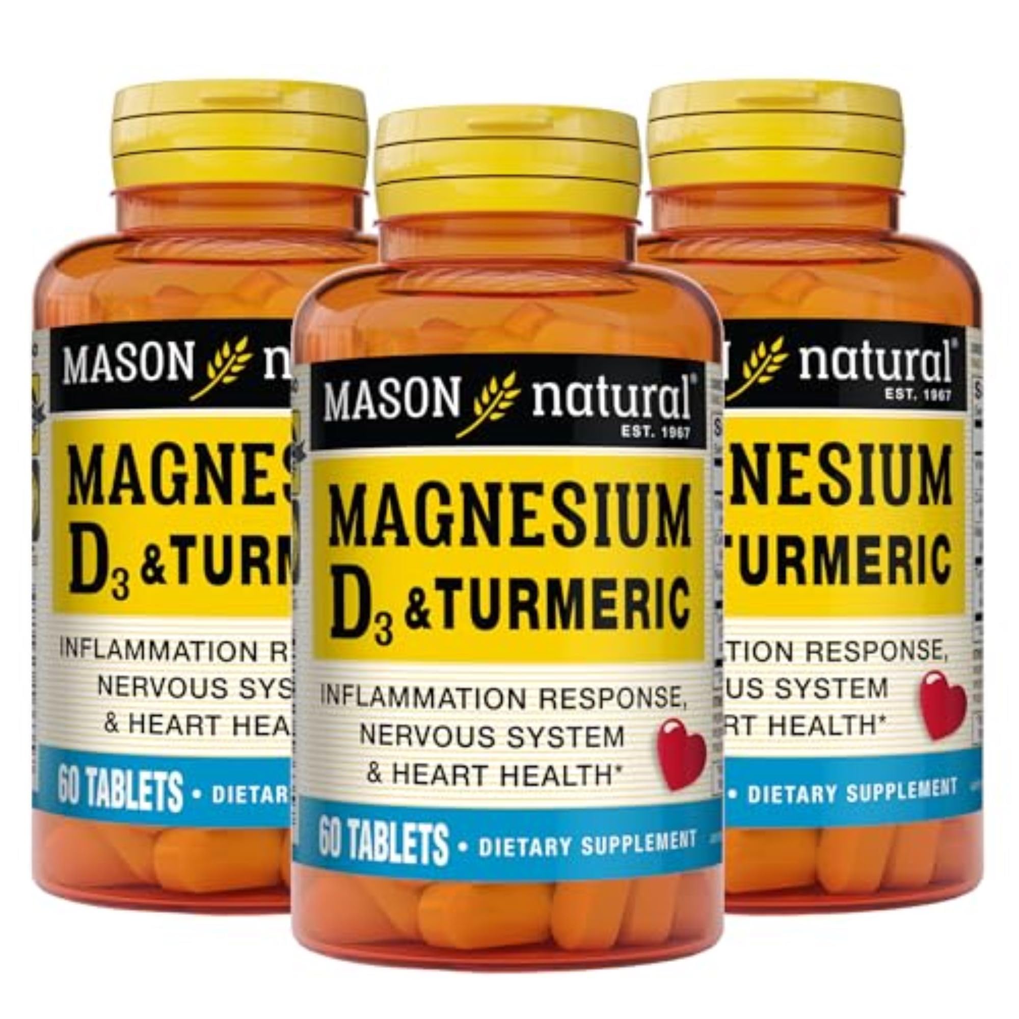 MASON NATURAL Magnesium & Vitamin D3 with Turmeric - Healthy Heart and Nervous System, Strengthens Bones and Muscles, Improved Joint Health, 60 Tablets (Pack of 3)