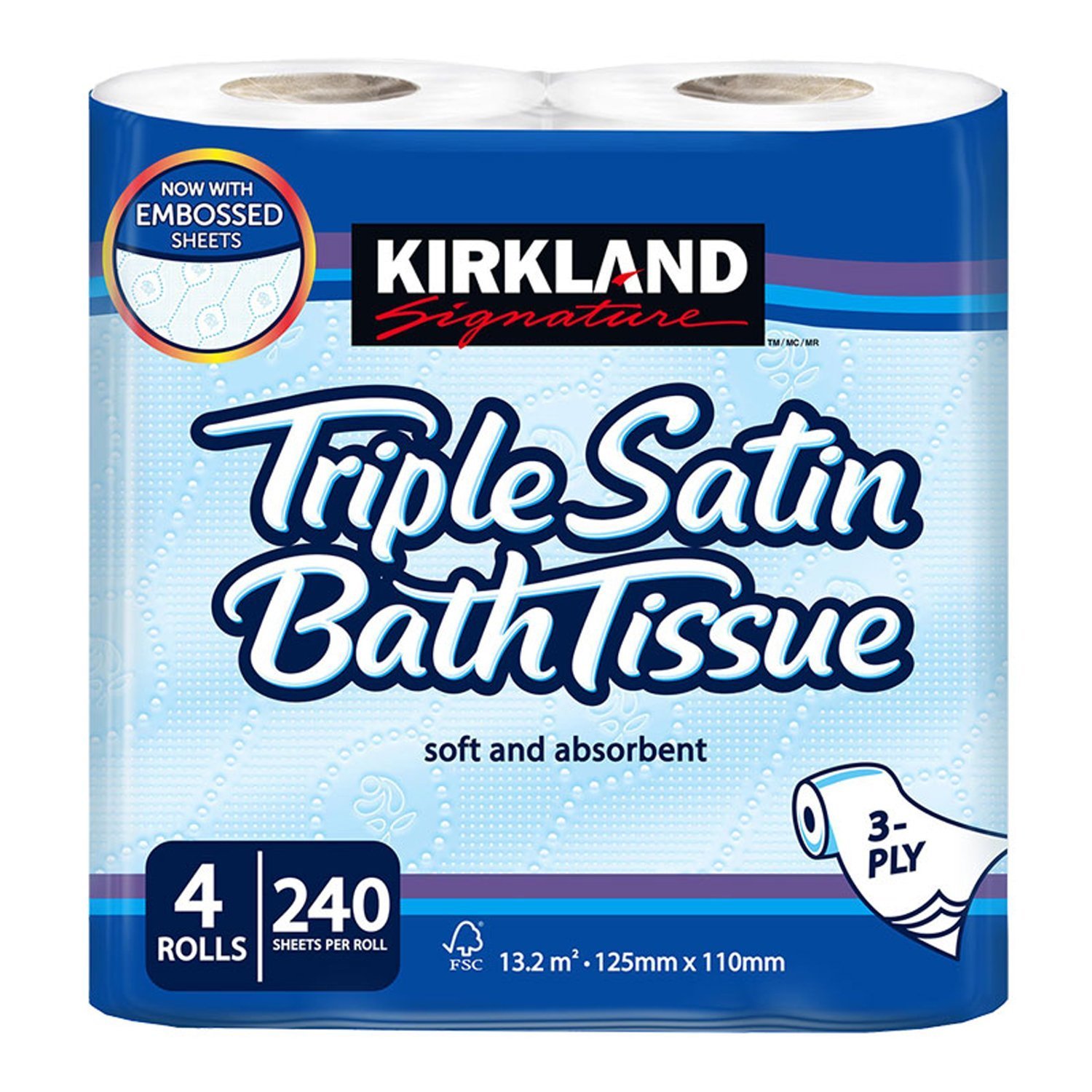 Kirkland Signature Soft and Absorbent Triple Satin Premium Bath Toilet Tissue Paper, 4 Rolls 10 Packs White Kirkland-Toilet Roll-10pk