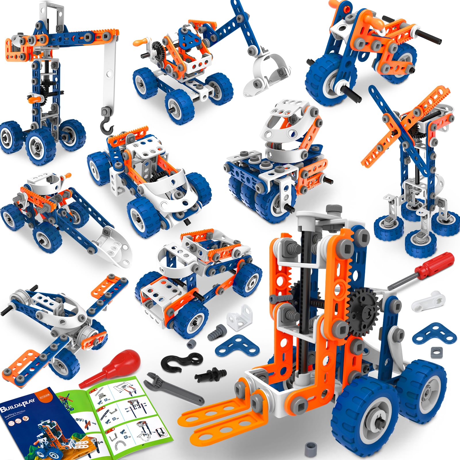 12 in 1 Stem Toys for 5 6 7 8 9+ Year Old Building Block Stem Activities Projects Kit Kids age 4-8 5-7 Creative Set Helicopter Excavator Educationa Engineering Erector Set Birthday Gift Boy Toys Girl