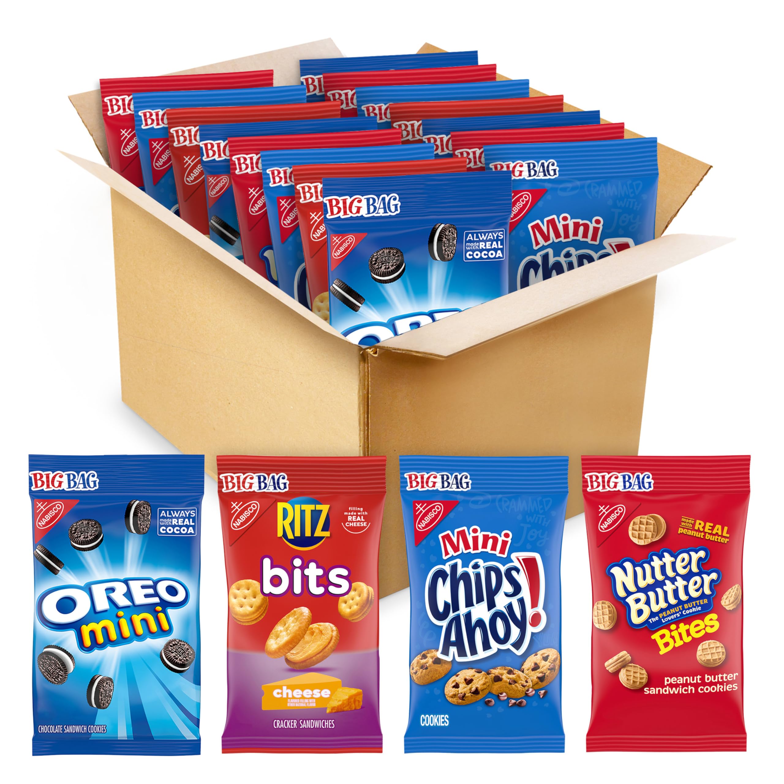 OREO Mini Cookies, CHIPS AHOY! Mini Cookies, Nutter Butter Bites & RITZ Bits Cheese Crackers Variety Pack, 15 Big Bags