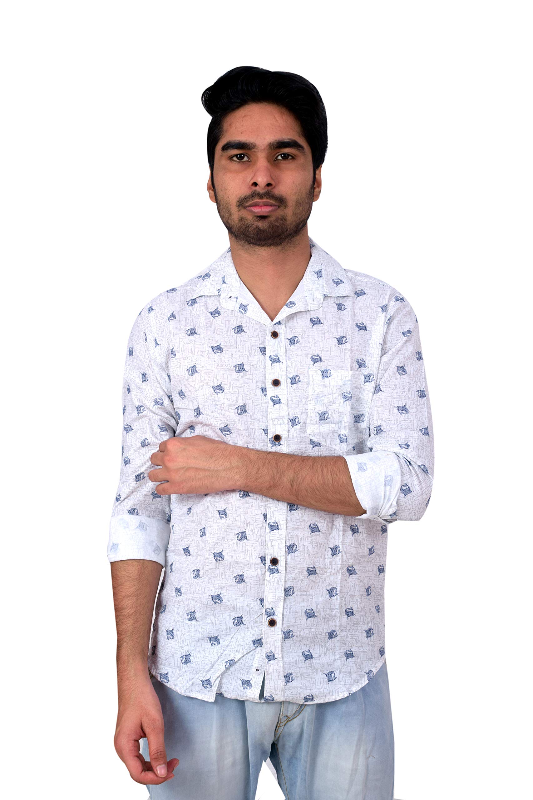 Men's Printed regular fit Cotton Shirt (White, Large)