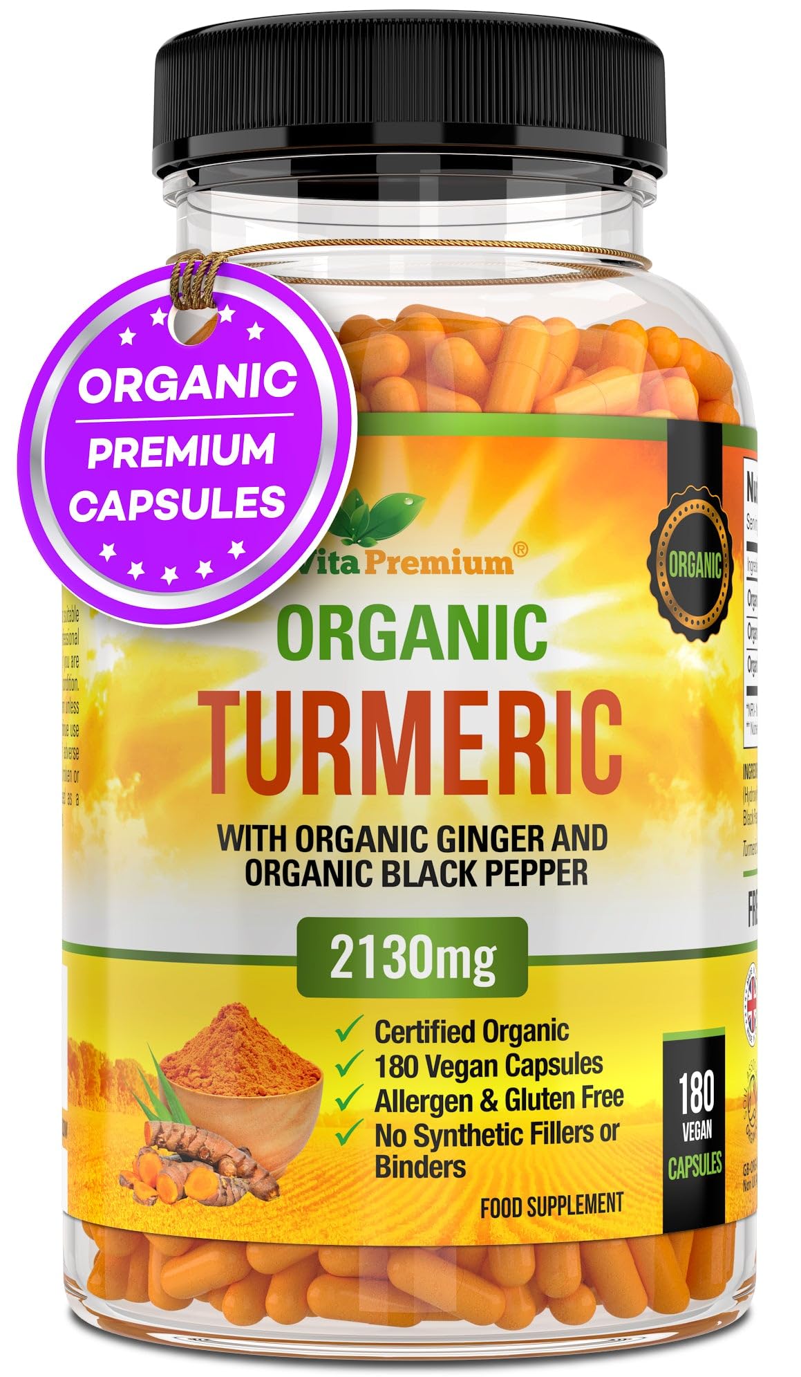 Turmeric and Black Pepper Capsules for Anti-Inflammatory and Joint Pain Relief - 180 Organic Capsules - High Strength Turmeric Curcumin Supplement with Added Black Pepper and Ginger - Made in UK