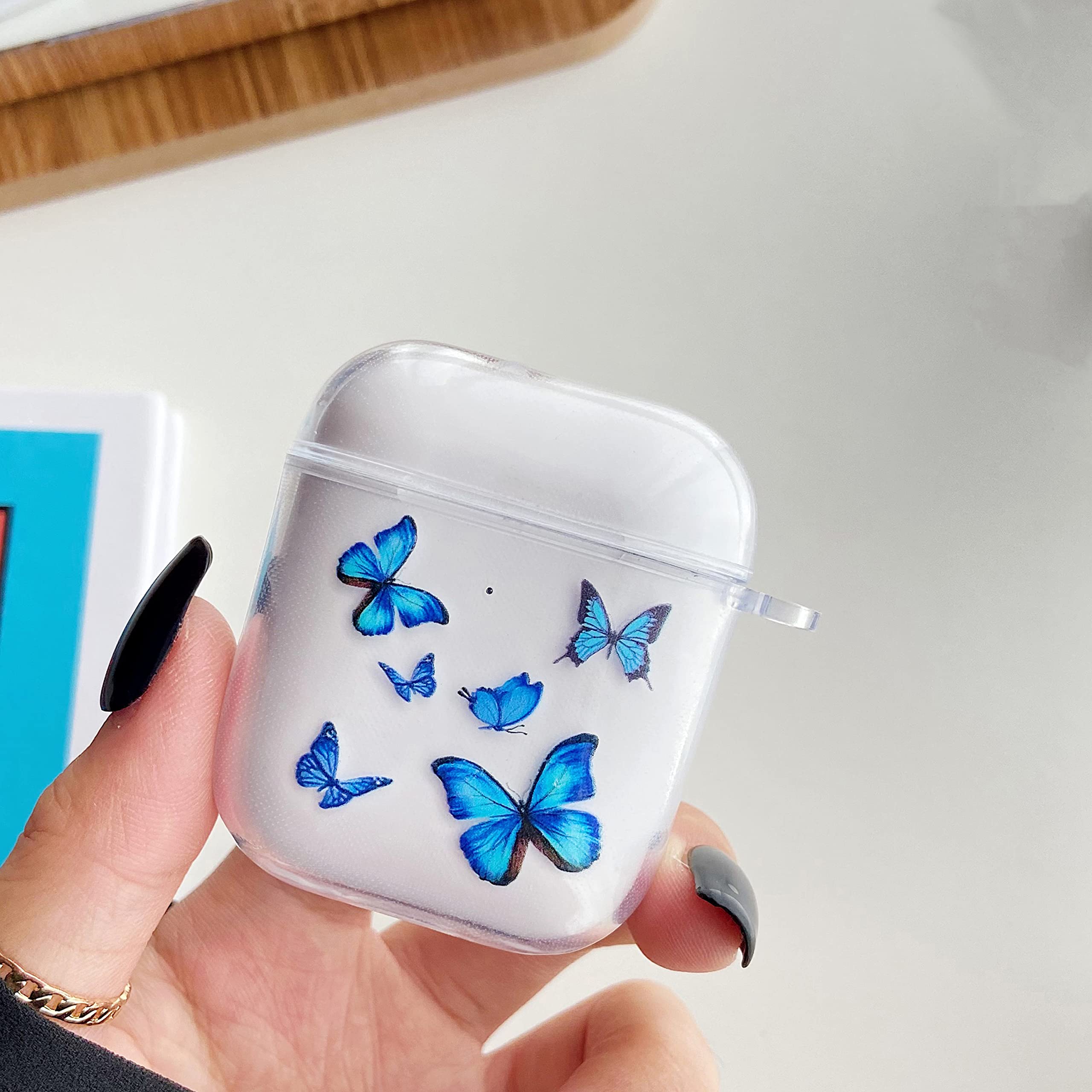 ZTOFERACompatible with Apple Airpods 2 & 1 Case, Anti-Scratch Clear Cute Pattern Protective Case Lightweight Shockproof TPU Bumper Cover for Airpods - Blue Butterfly