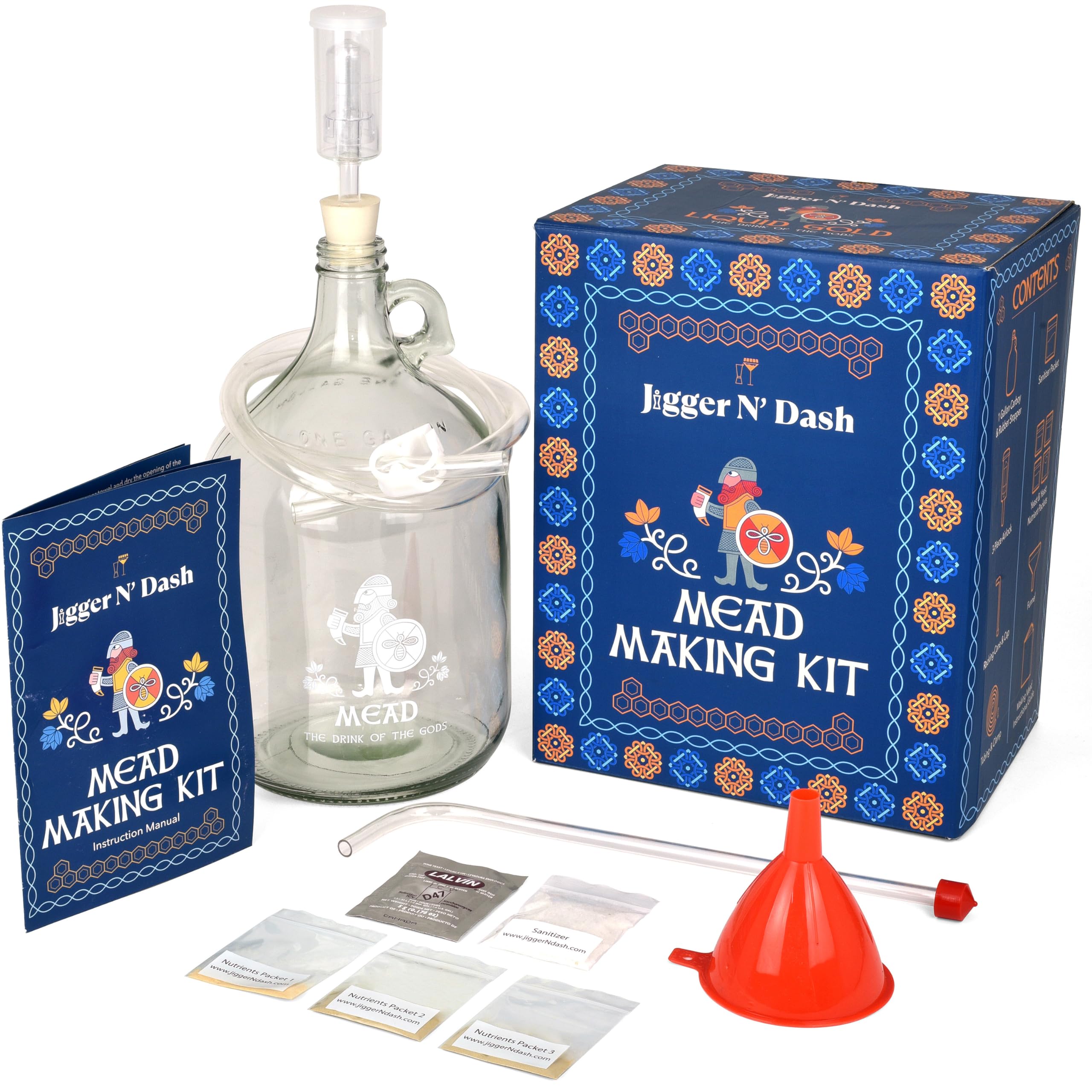 Jigger N' Dash Mead Making Kit - Reusable Do-It-Yourself Honey Mead Making Kit - Mead Kit Complete - All the Mead Supplies You Need Makes 1 Gallon of Mead – Mead Brewing Kit Home Brewing Starter Sets