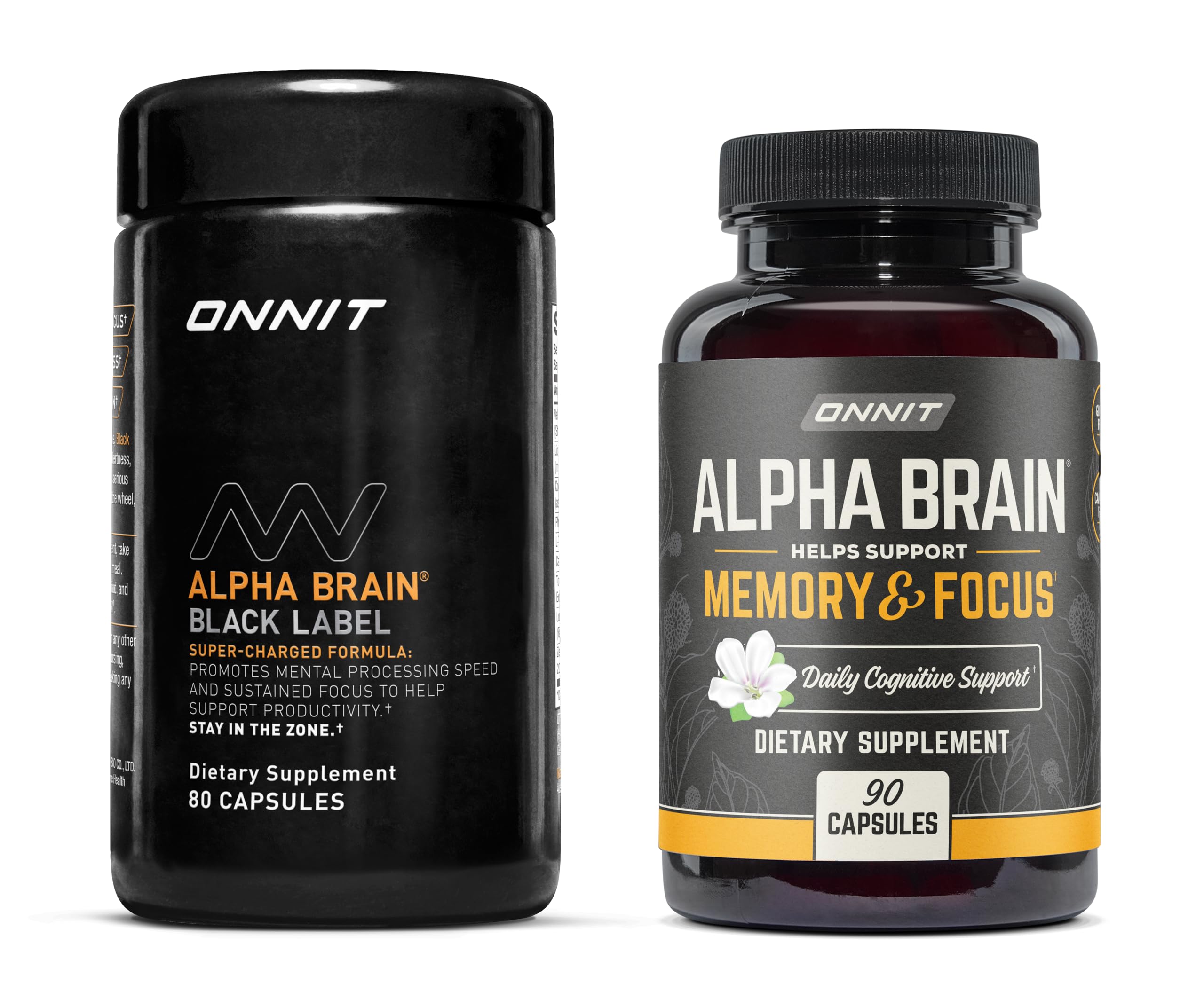 ONNIT Premium Alpha Brain Bundle - Nootropic Brain Supplement (90 Count) + Black Label Citicoline Brain Supplement (80 Count) - Promotes Focus, Concentration & Memory