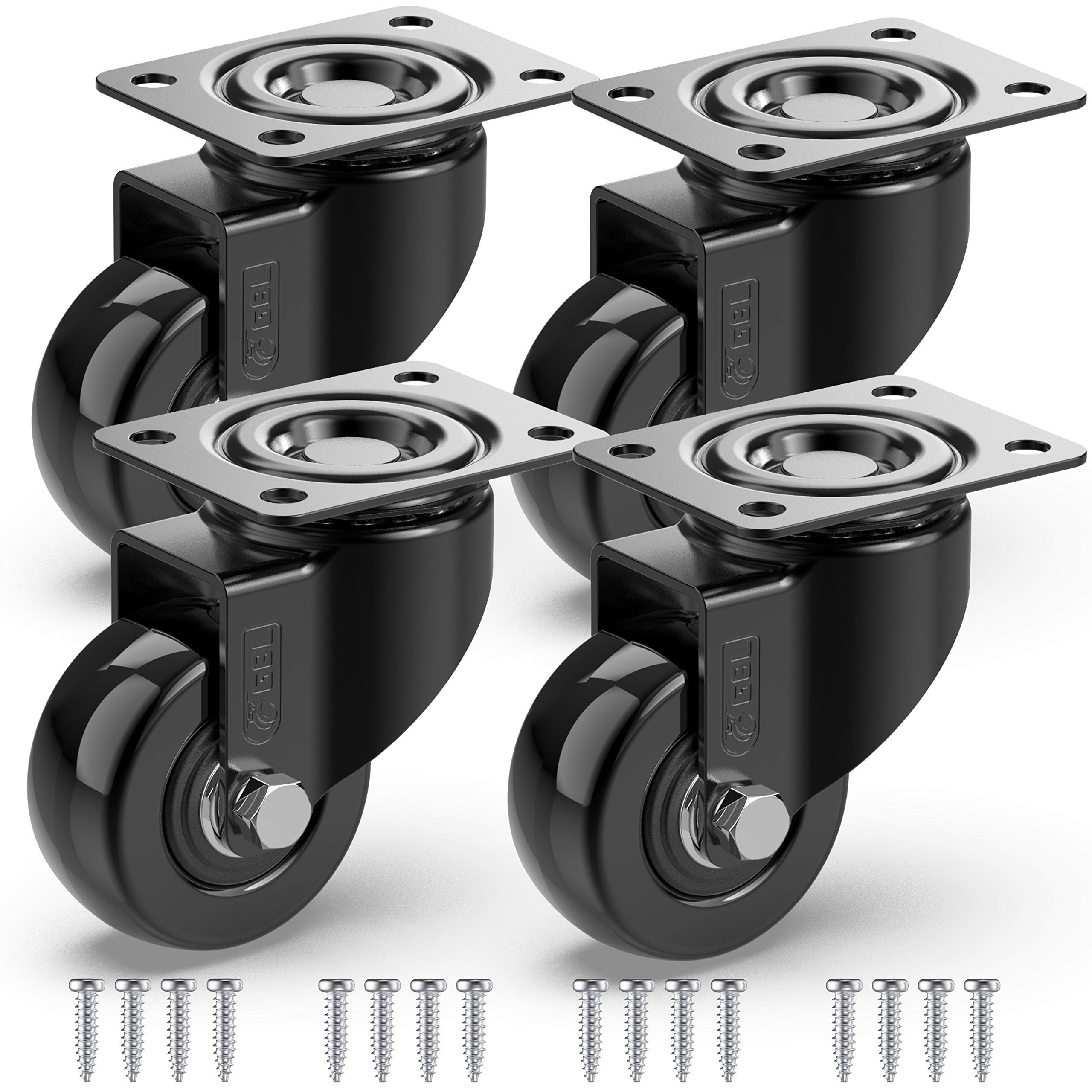 GBL Heavy Duty Castor Wheels + Screws - 50mm up to 200KG - Pack of 4 No Floor Marks Silent Caster for Furniture - Rubbered Trolley Wheels - Black Castors