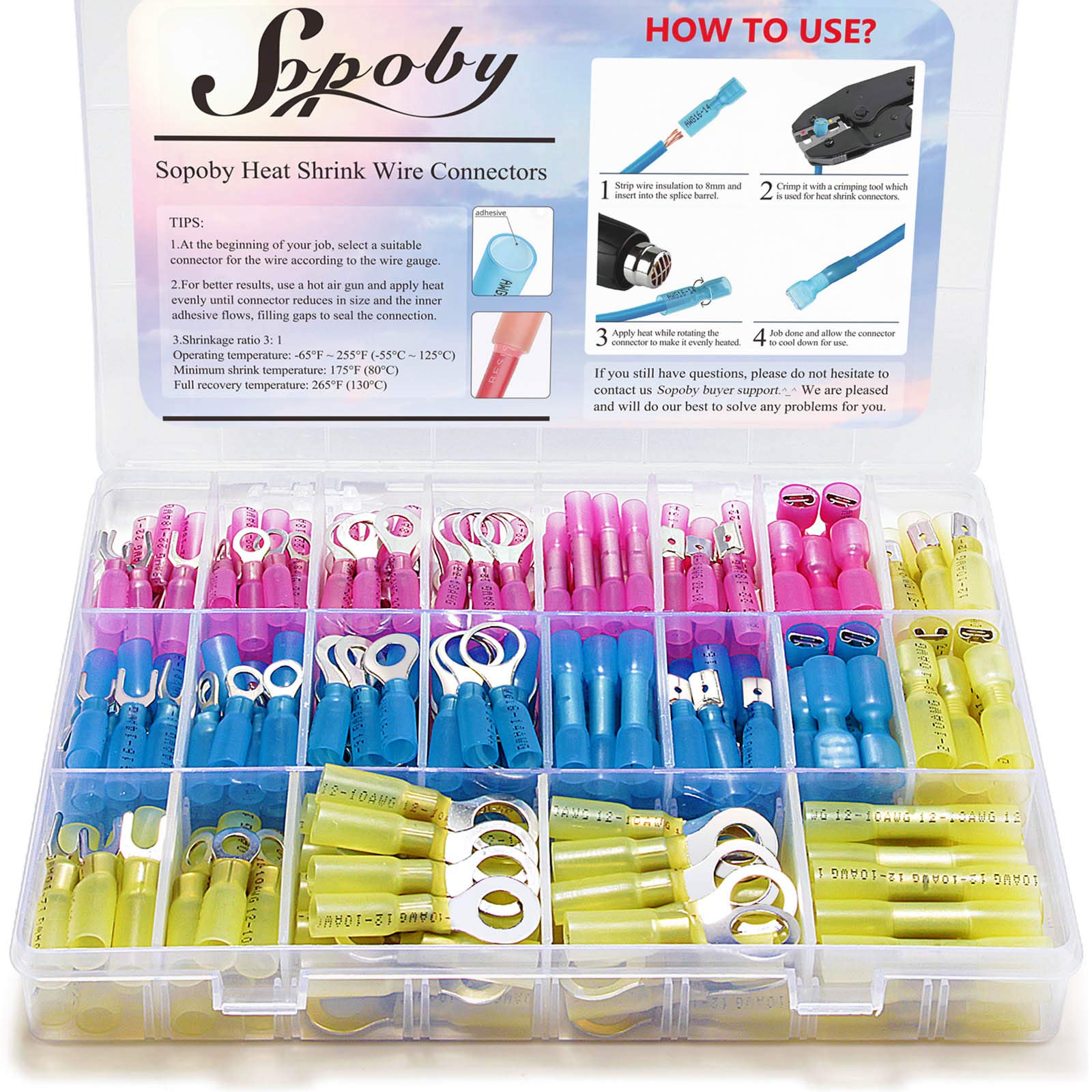 Sopoby 240PCS Heat Shrink Wire Connectors, Electrical Connectors Automotive Crimp Connector Assortment, Ring Fork Spade Butt Splice Terminals