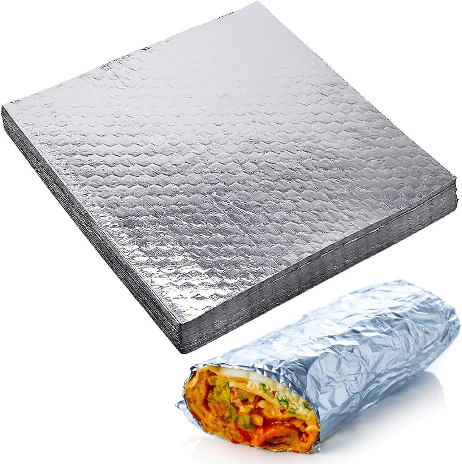 AL FAKHAMA 50 Pack Insulated Foil Sandwich Wrap Sheets Large sheets 35x25 cm, Silver insulated foil retains heat and resists grease, Ideally sized for burgers, breakfast sandwiches. Pack of 50