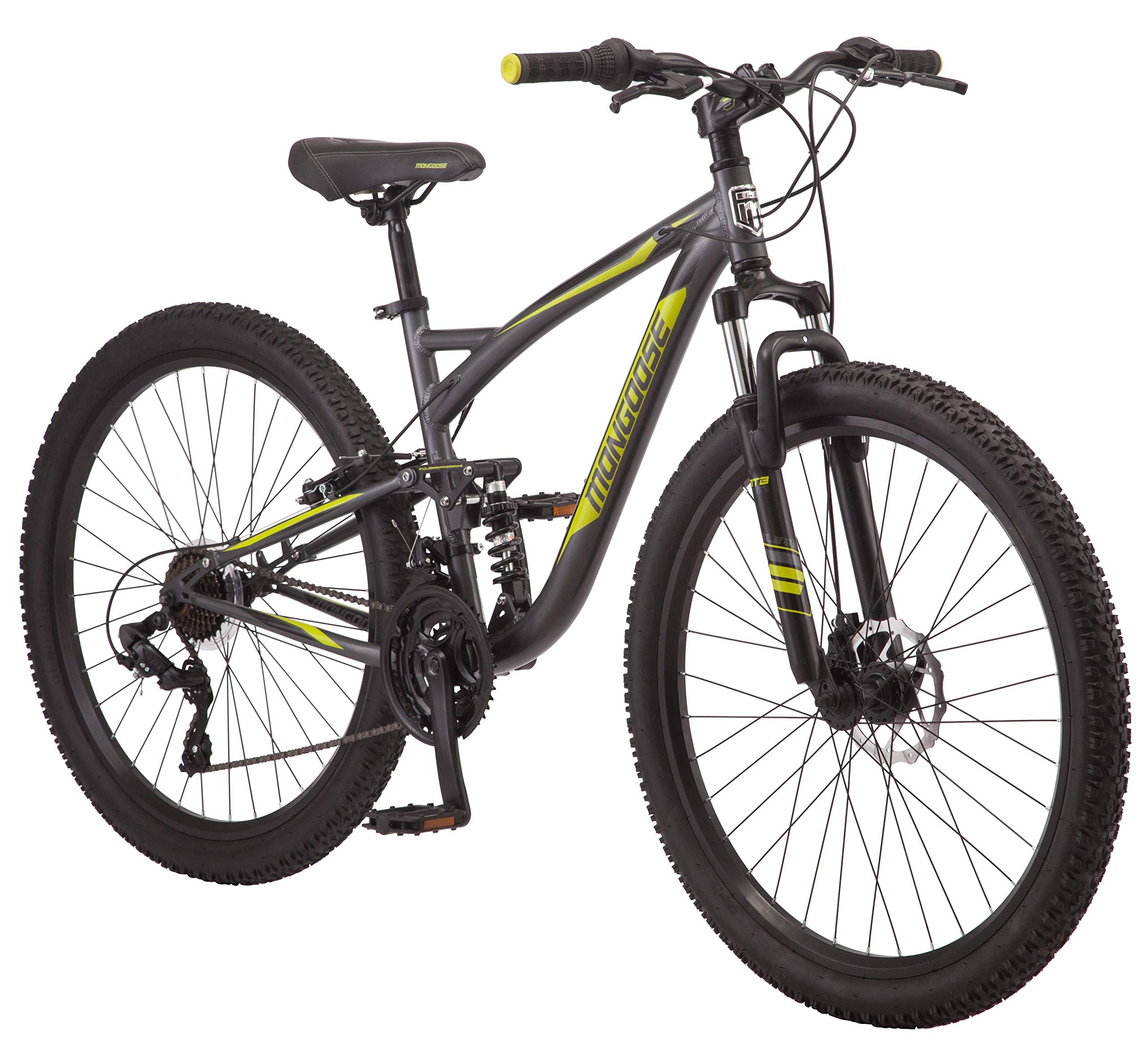 MongooseStatus 2.4 Mens and Womens Mountain, 27.5-Inch Wheels, Aluminum Frame, Dual Suspension, Dark Silver