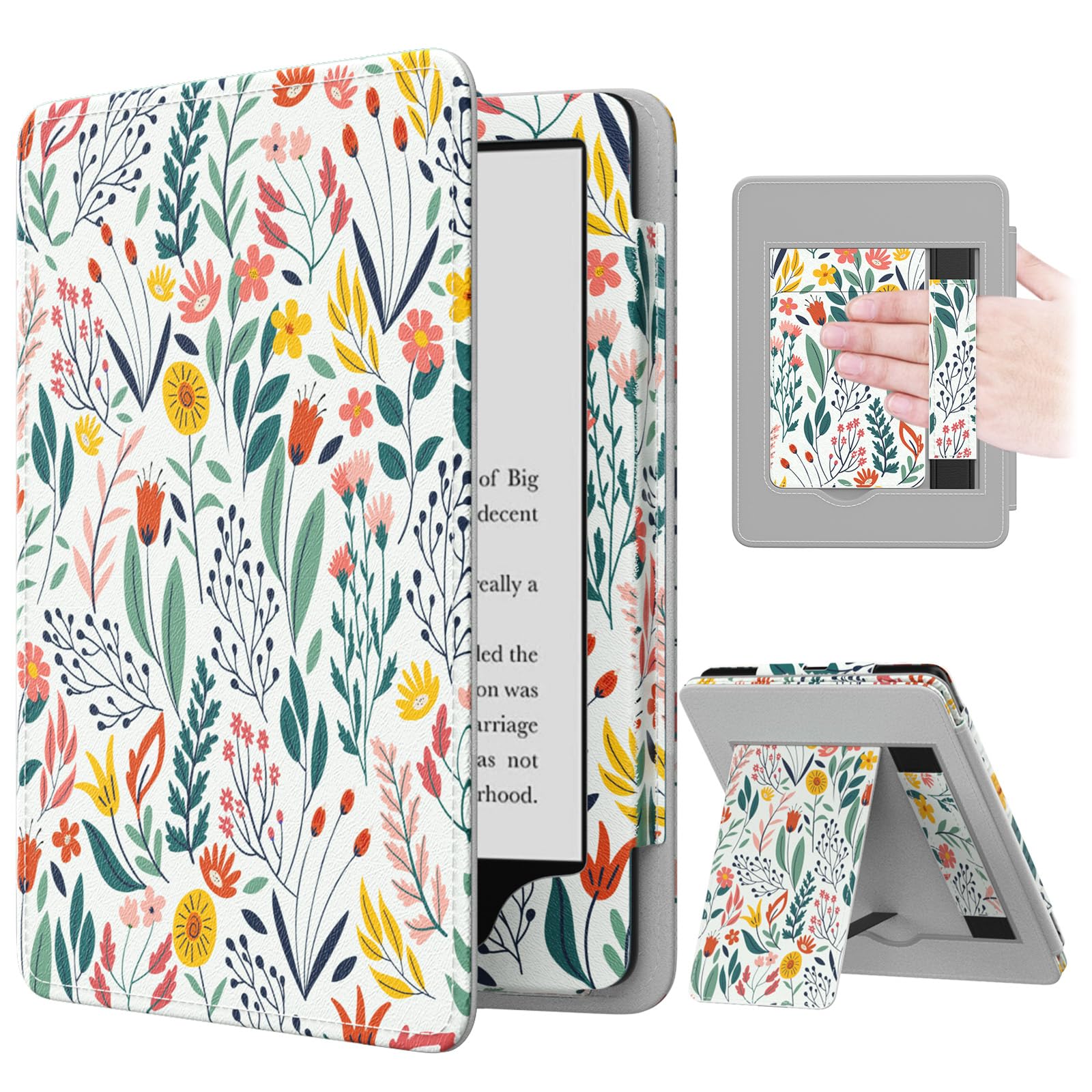 MoKo Case for 7"/6.8" Kindle Paperwhite(12th/11th Generation-2024/2021) and Kindle Colorsoft Signature Edition, Slim PU Shell Cover Case with Auto-Wake/Sleep for Kindle Paperwhite 2024, Flowers