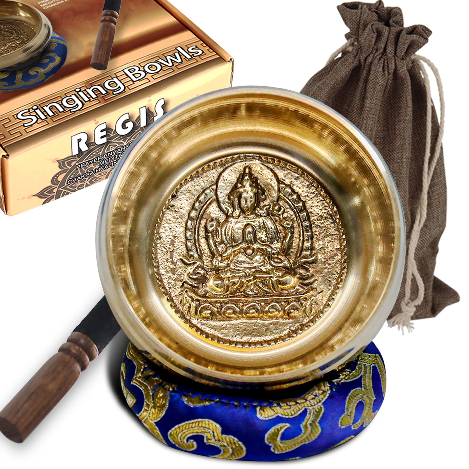 REGIS Tibetan Singing Bowl Set ， Mindfulness, and Stress Relief zen decor，Bowl Handcrafted in Nepal for Healing and Mindfulness (gold, 4 inch)