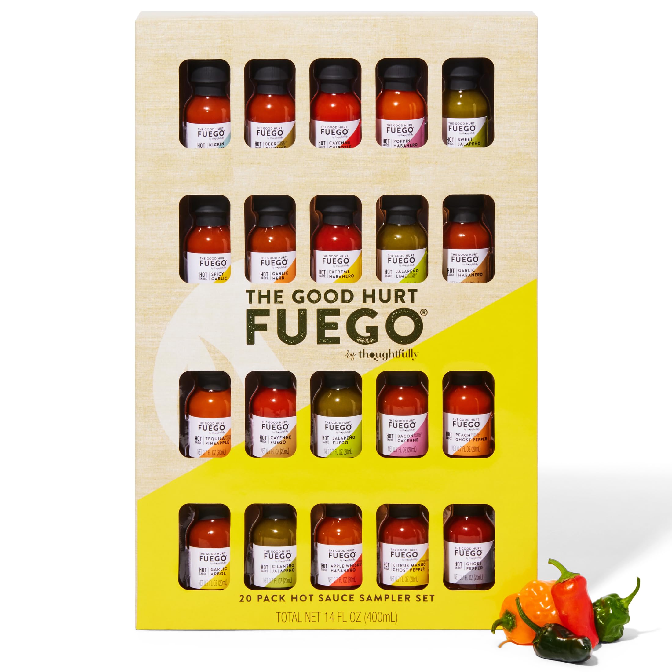 Modern Gourmet Foods, The Good Hurt Fuego Hot Sauce Gift Set, Flavours Include Garlic Herb, Smoky Bourbon, Jalapeno Lime and More, Pack of 20