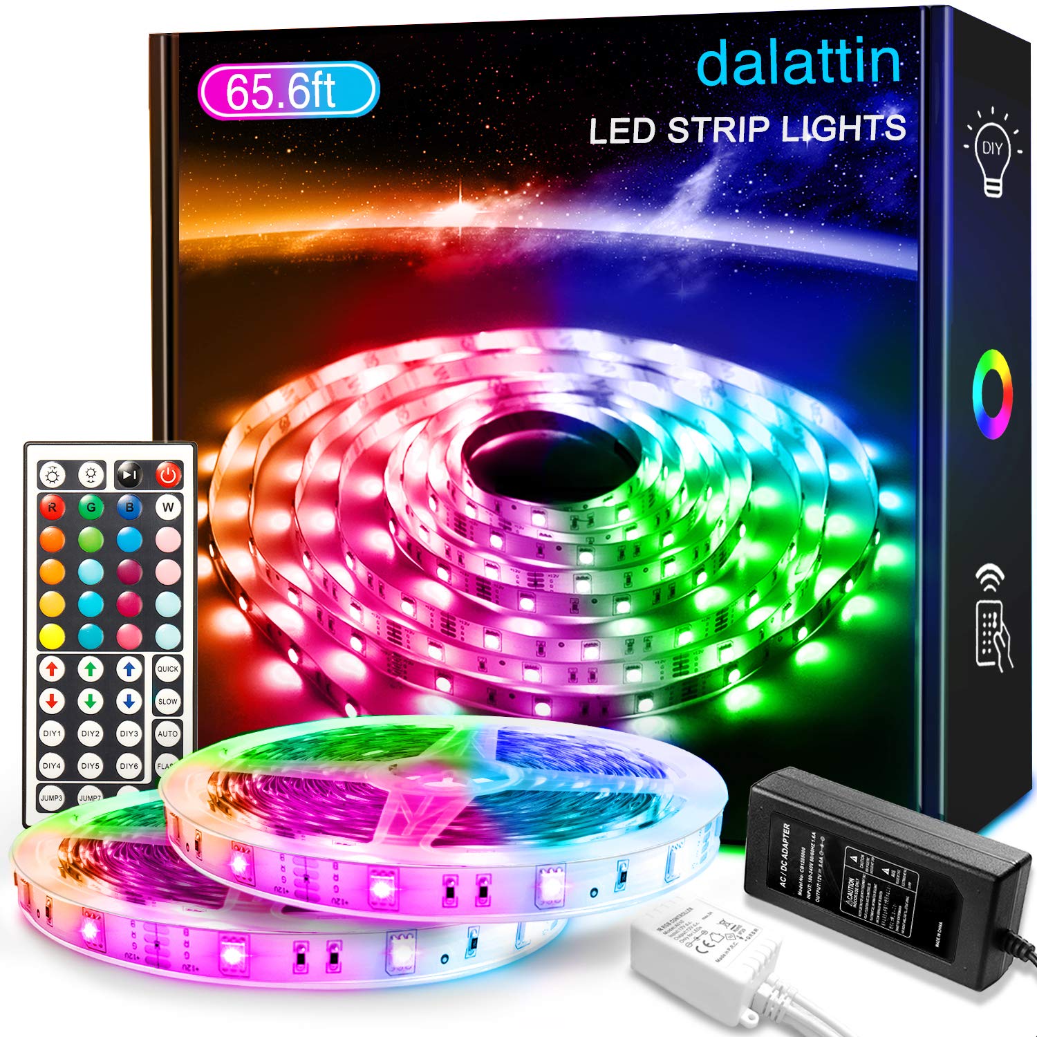 dalattin65.6ft Led Lights for Bedroom Led Strip Lights Color Changing Lights with 44 Keys Remote,2 Rolls of 32.8ft