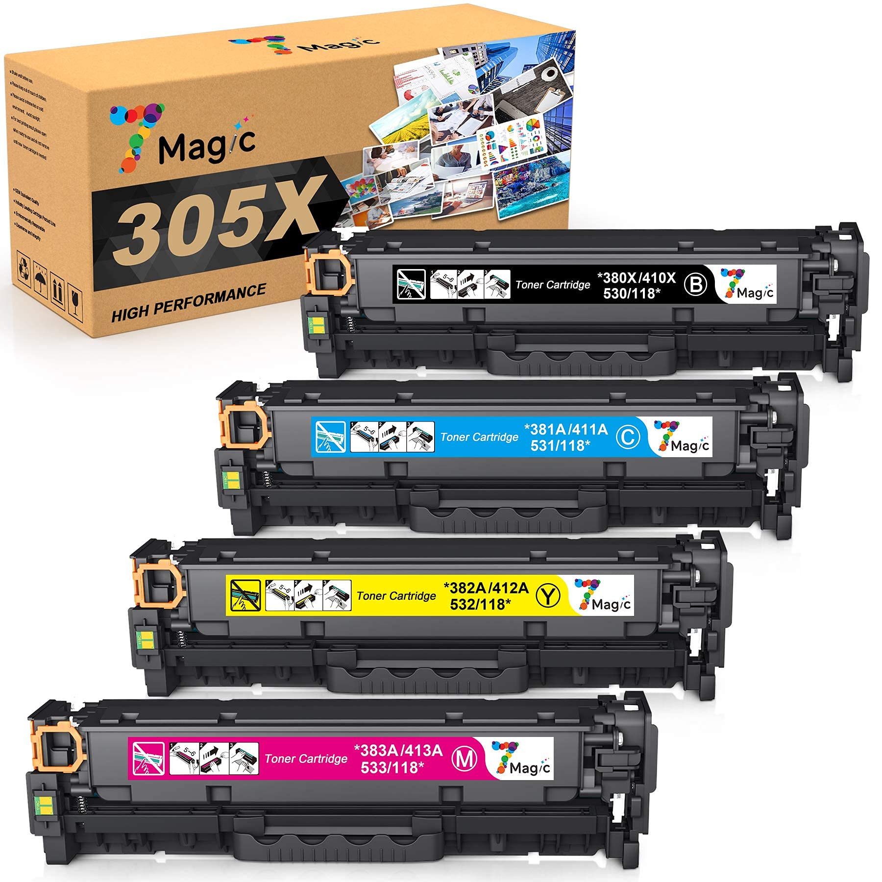 7Magic Compatible Toner Cartridge for 305A CE410X CE410A CE411A CE412A CE413A Use in Laserjet Pro 300 Color MFP M375nw, Laserjet Pro 400 Color M451dn M451nw M451dw MFP M475dw M475dn (KCYM, 4pk)