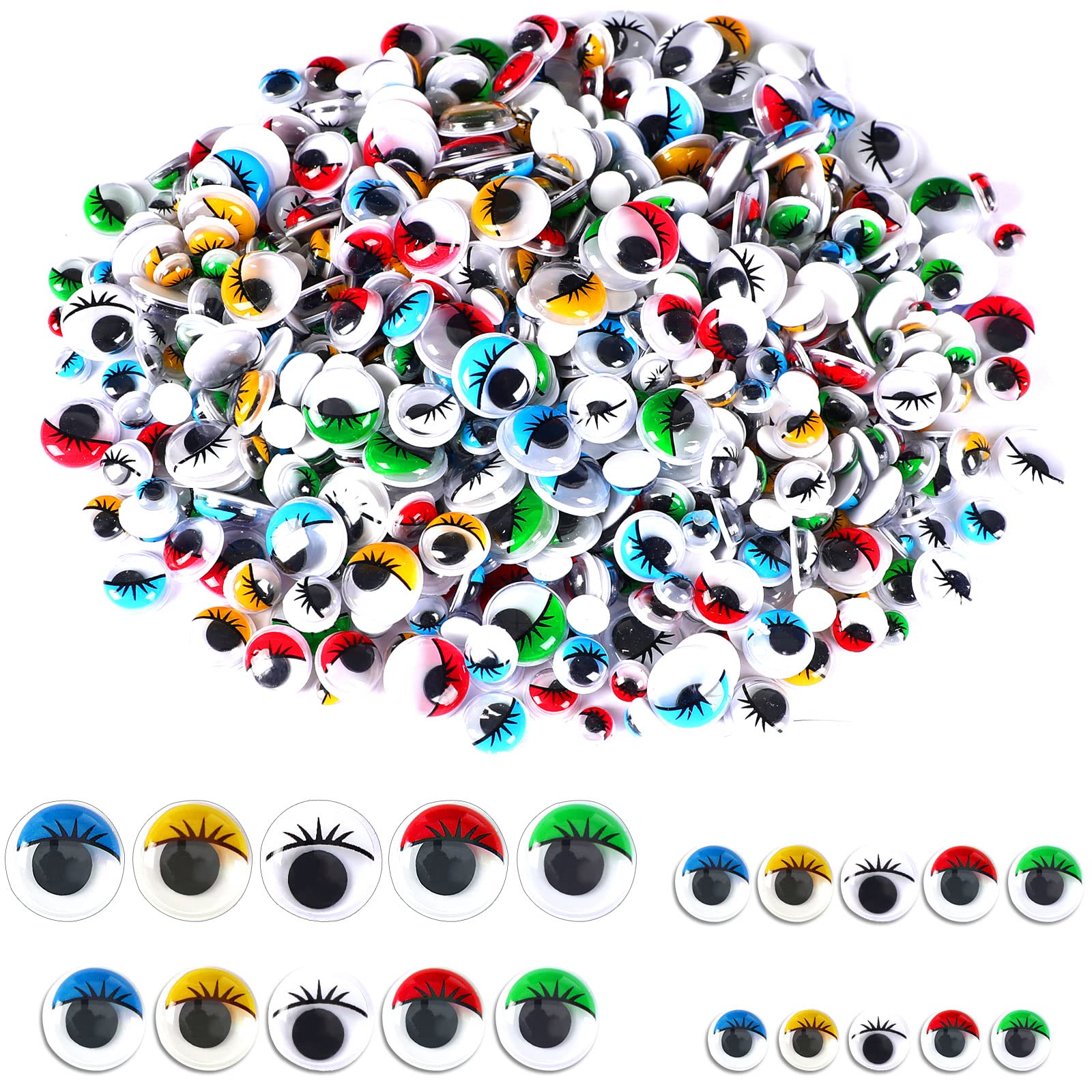 UPINS 1000pcs Wiggle Eyes with Eyelashes Self Adhesive Googly Eyes for DIY Craft 6mm 8mm 10mm 12mm Mixed Packaging and Multi Assorted Colors