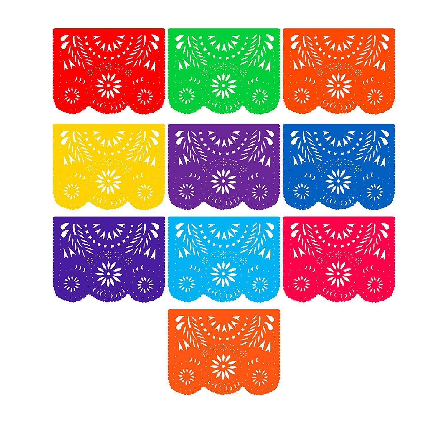 Fiesta Banner Plastic Papel Picado 10 Pack: 10 x 10 Large Multi-Colored Panels 16 feet Long for Mexican Themed Party Supplies for Festivals, Dia De Muertos, Coco Theme, Flower Decor by Ole Mission