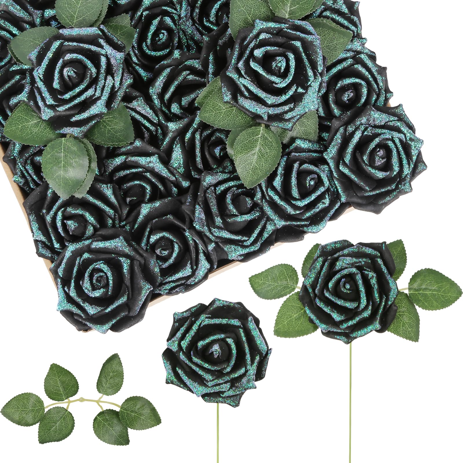 Foam Flowers,50PCS Black Roses 3.15in Glitter Roses Artificial Flowers with Stems for Crafts DIY Wedding Bouquets Baby Shower Party Home Decorations(Black)