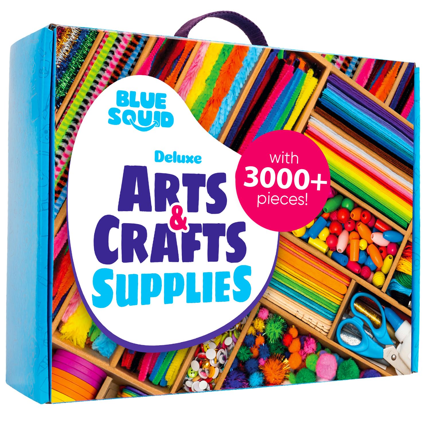 Blue Squid Arts & Crafts Chest - 3000+ pcs Deluxe Craft Supplies Box, 2 Drawers, 18 Compartments, Sturdy Handle - Art Crafting Kit Christmas Gifts for Kids, School Supply for Ages 4 5 6 7 8 9 10 11 12