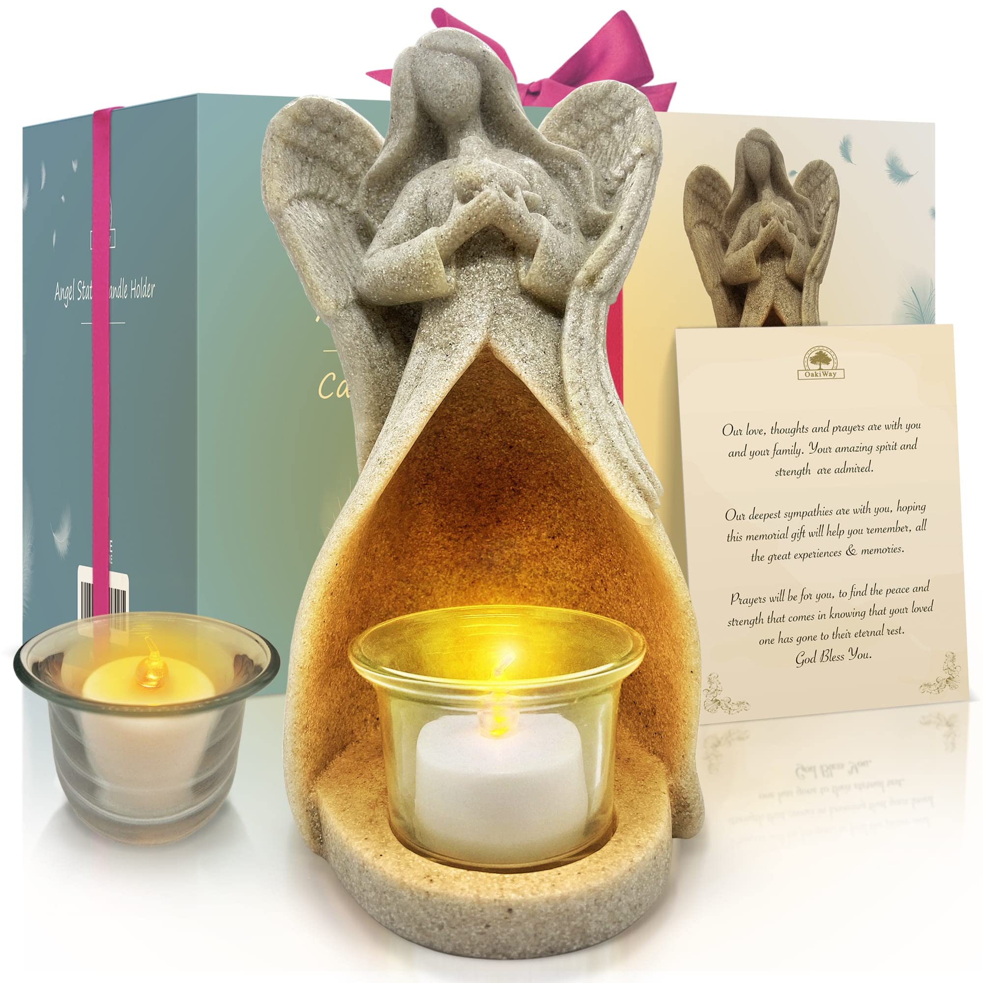 OakiWay Sympathy Gifts - Angel Candle Holder Statue W/Flickering LED Candle - Memorial Gifts for Loss of Loved One, Bereavement, in Memory, Grief, Funeral, Remembrance Gifts, Home Decorations