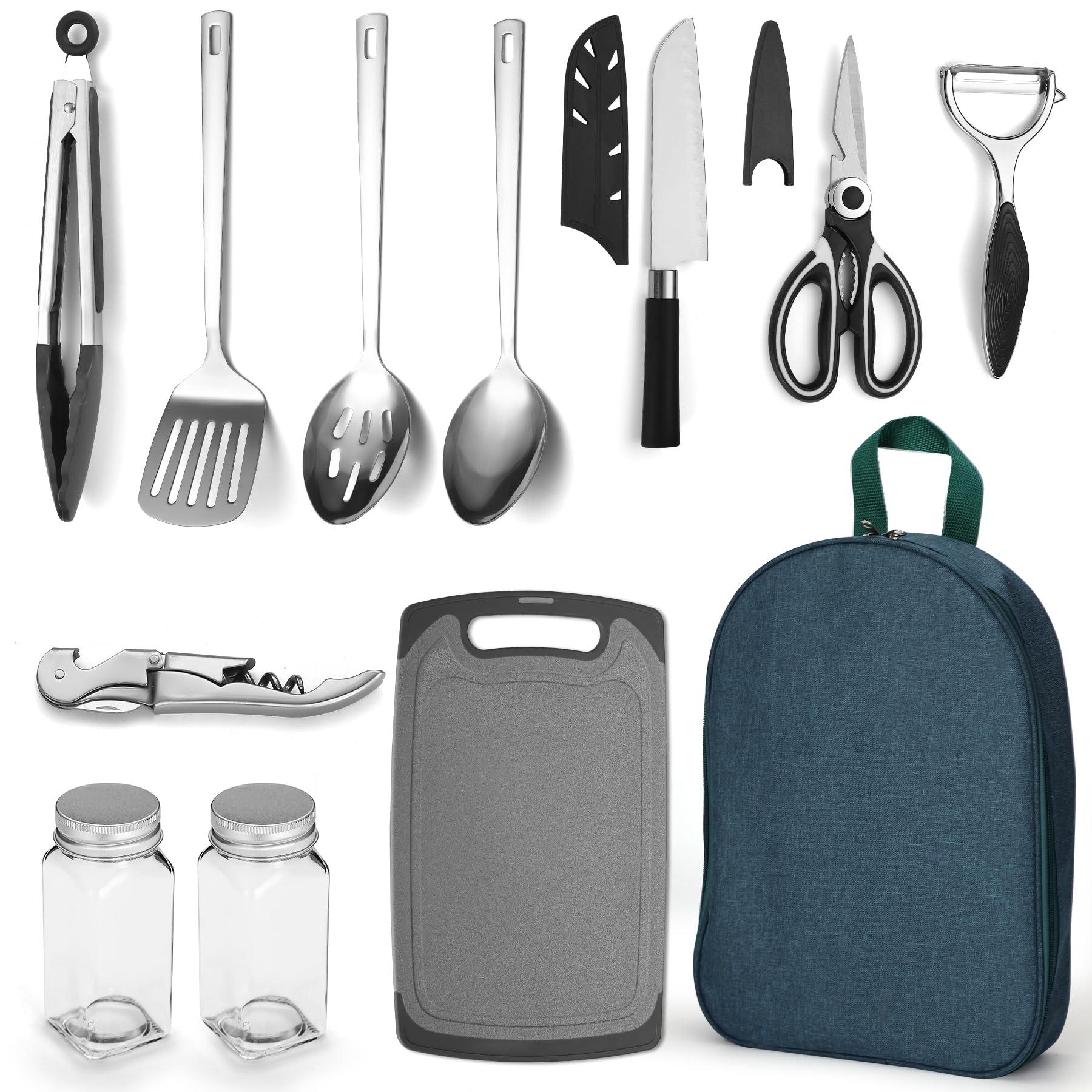 Evanda Camping Cooking Equipment Set 10 Pieces, Stainless Steel Outdoor Cooking and BBQ Utensil Organiser Travel Set Perfect for Travel, Camping, Motorhomes, BBQ, Picnics, Parties and More