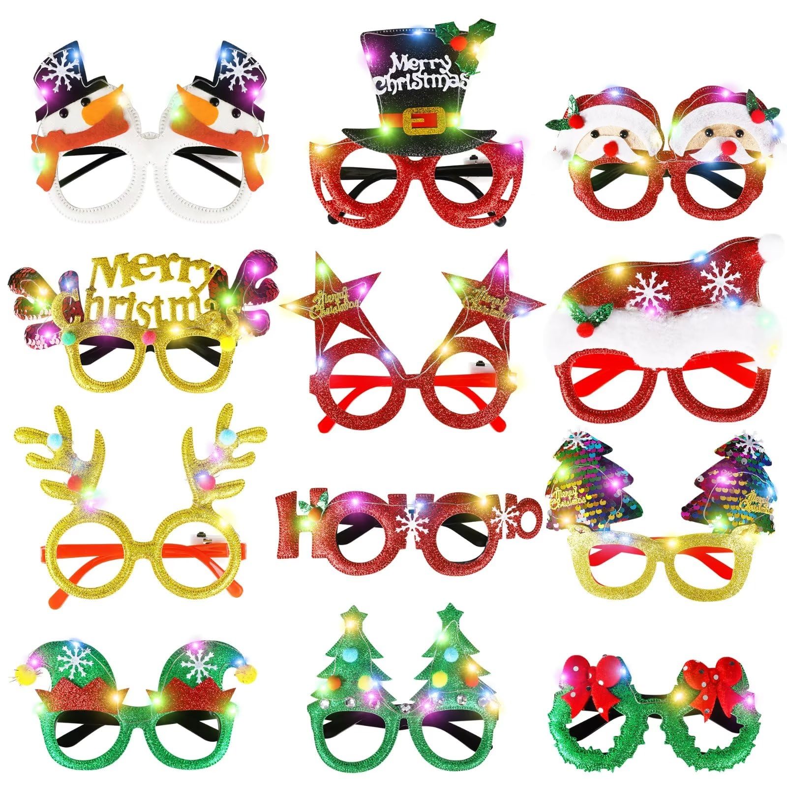 12 PCS Christmas Glasses, Light Up Christmas Eyeglasses Frame, Colorful LED Lights Xmas Santa Hat Reindeer Antler Christmas Tree Design Glasses Bulk Gift for Christmas Holiday Party Favor Supplies